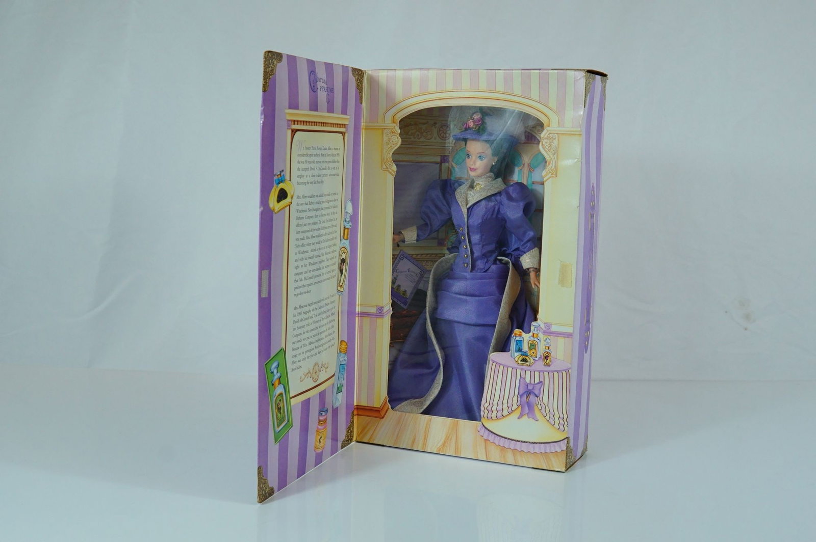 Mattel, Barbie as Mrs. P.F.E. Albee Avon Special Edition, 11 1/2 inches: Mattel vinyl fashion doll, Barbie as Mrs. P.F.E. Albee, a Special Edition released in 1997 as an Avon exclusive. The doll features dark brown rooted synthetic hair styled in a period-appropriate Victo