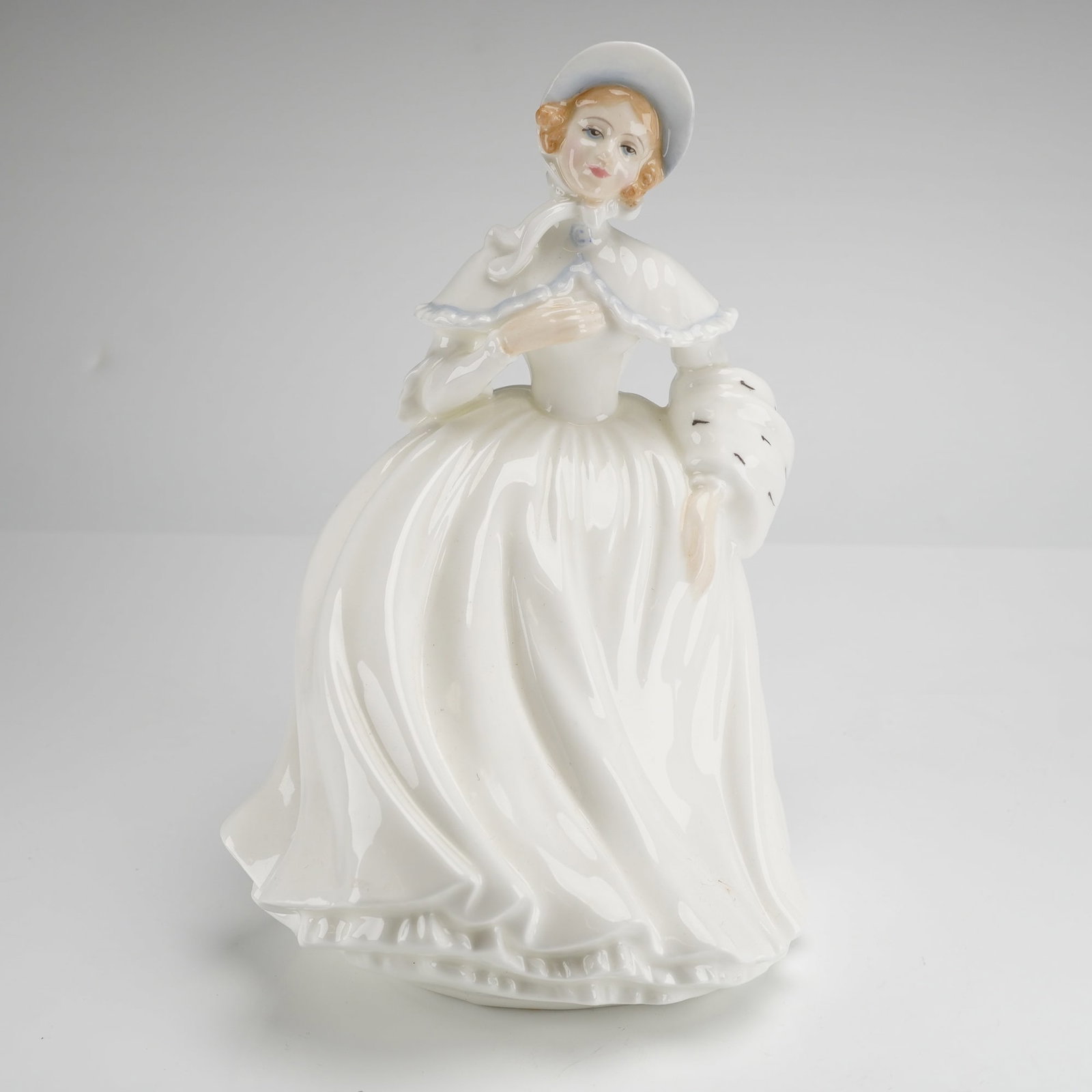 Royal Doulton Jessica HN 3497 Bone China Figurine: A Royal Doulton bone china figurine titled Jessica, model number HN 3497. This hand-decorated piece, modeled by Peggy Davies, depicts a woman in a Victorian-style ensemble featuring a full white skirt