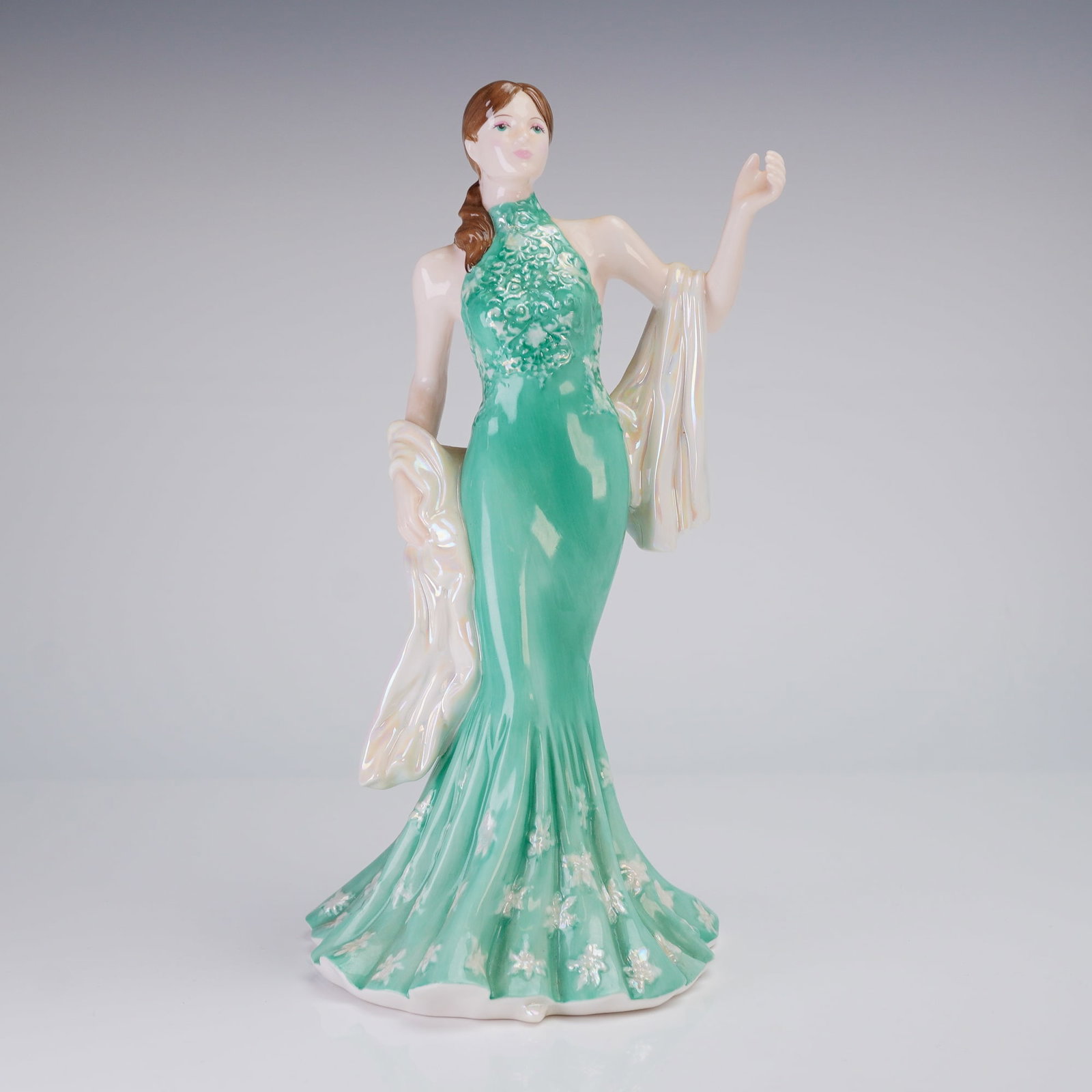 Royal Doulton Pretty Ladies Bone China Figurine Diana HN 4764: Royal Doulton Bone China Figurine, Diana (HN4764), featuring a woman in a glossy turquoise-green dress and white shawl, marked on the base HN 4764 and dated 2005. Dimensions: 4.25"L x 4.50"W x 8.75"H 