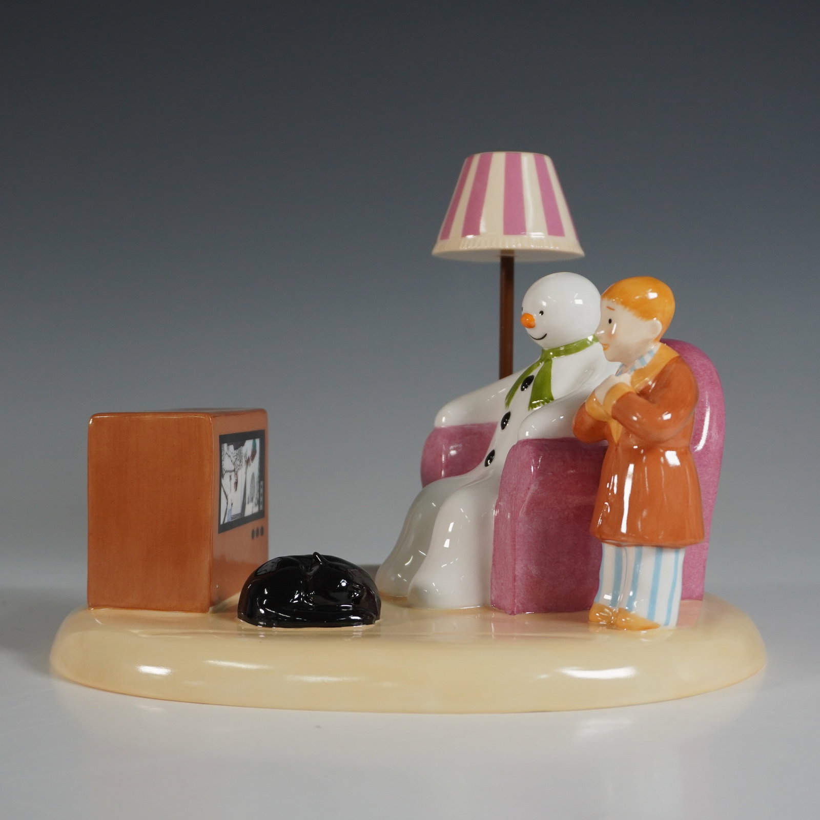 Coalport The Snowman "A Cold Night In" Figurine: A limited edition porcelain figurine from The Snowman series, titled "A Cold Night In." This charming vignette captures the Snowman and a young boy watching television together, accompanied by a cozy 