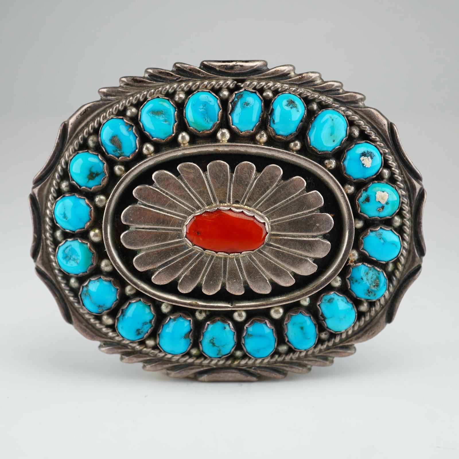 Navajo Sterling Silver Turquoise and Coral Cluster Belt Buckle Signed DD HMIJ (1 of 3)