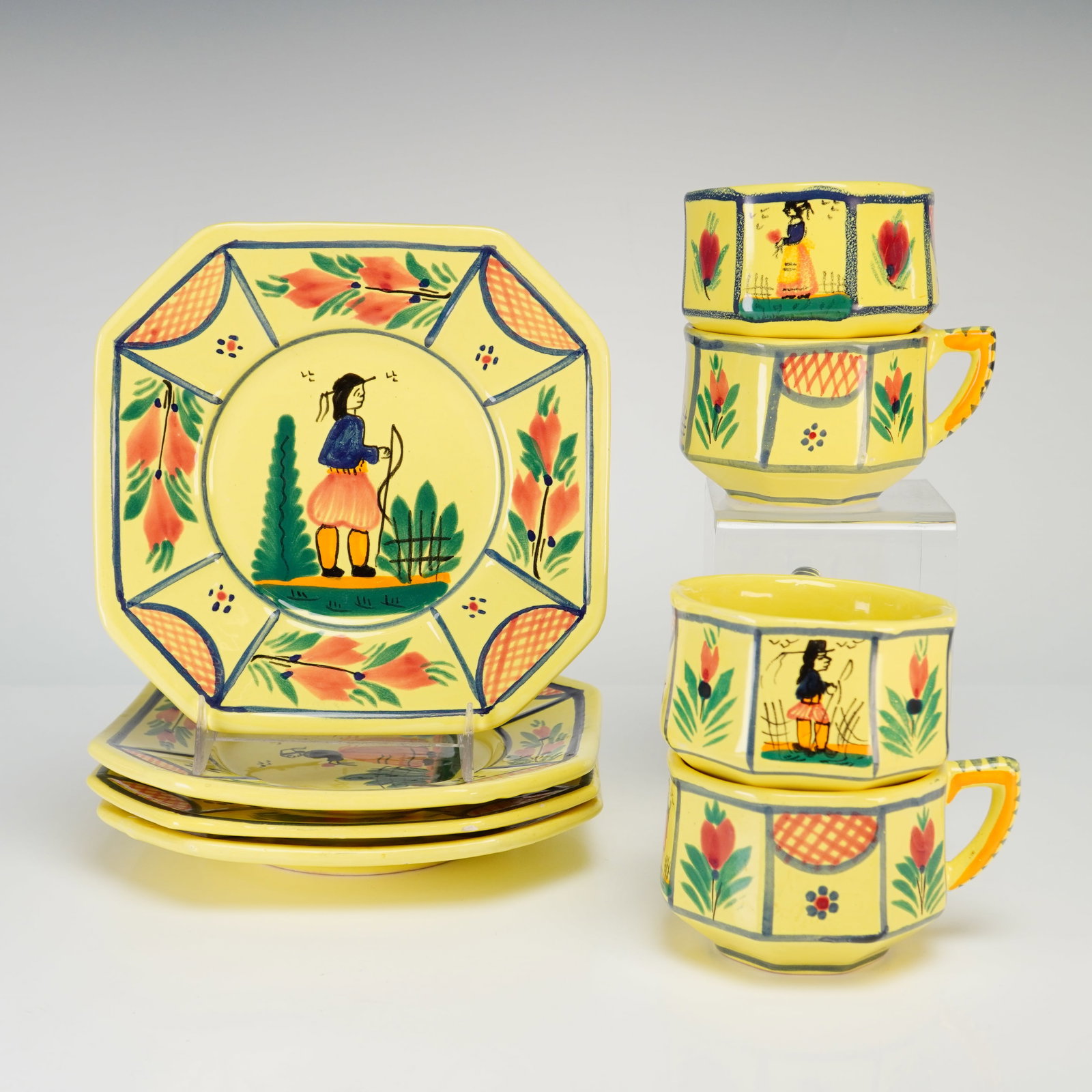 Set of Eight HB Quimper Soleil Yellow Faience Octagonal Cups and Saucers (1 of 3)