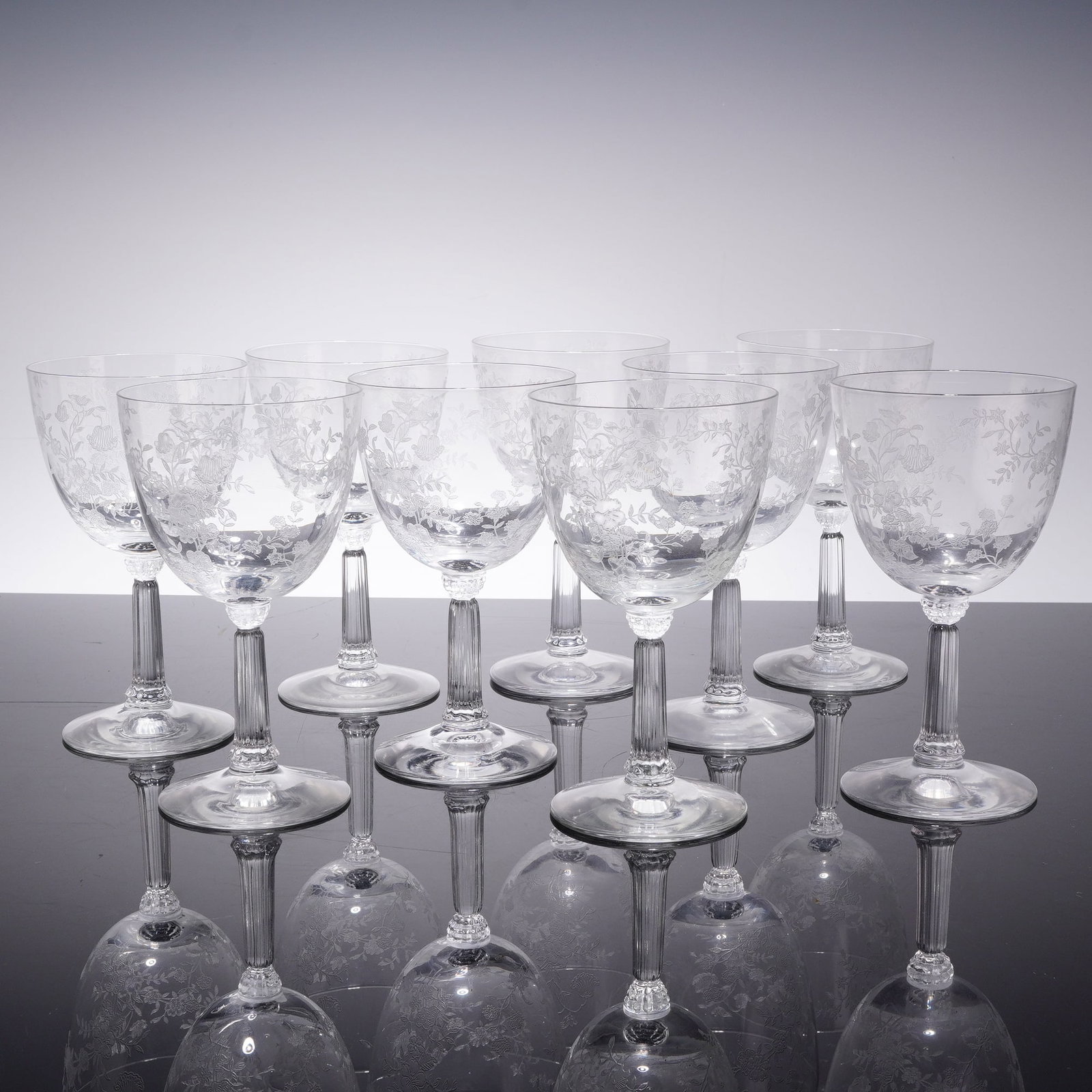 Set of Nine Fostoria Crystal Water Goblets, Chintz Pattern (1 of 3)
