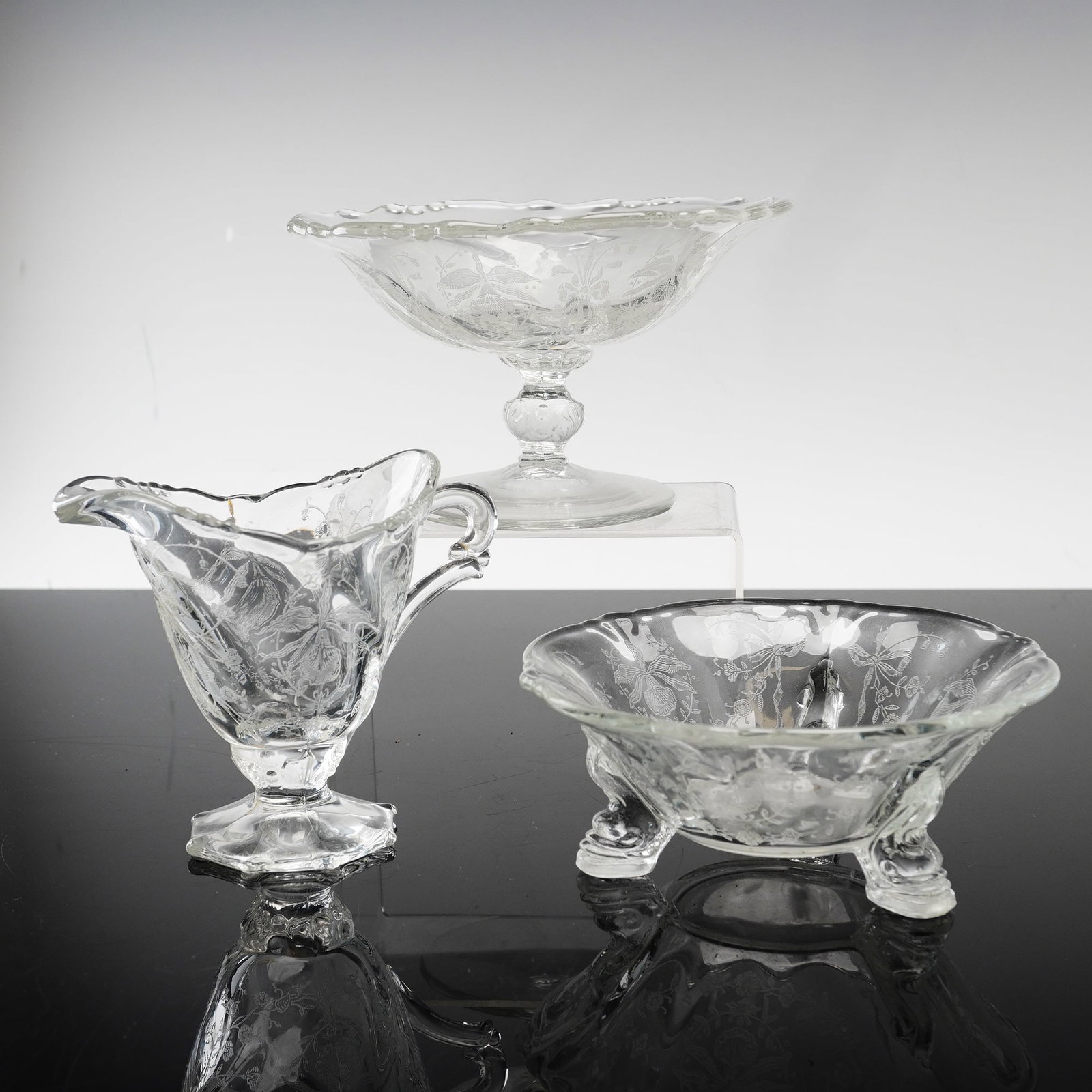 Three Heisey Etched Glass Serving Pieces, Orchid (1 of 3)
