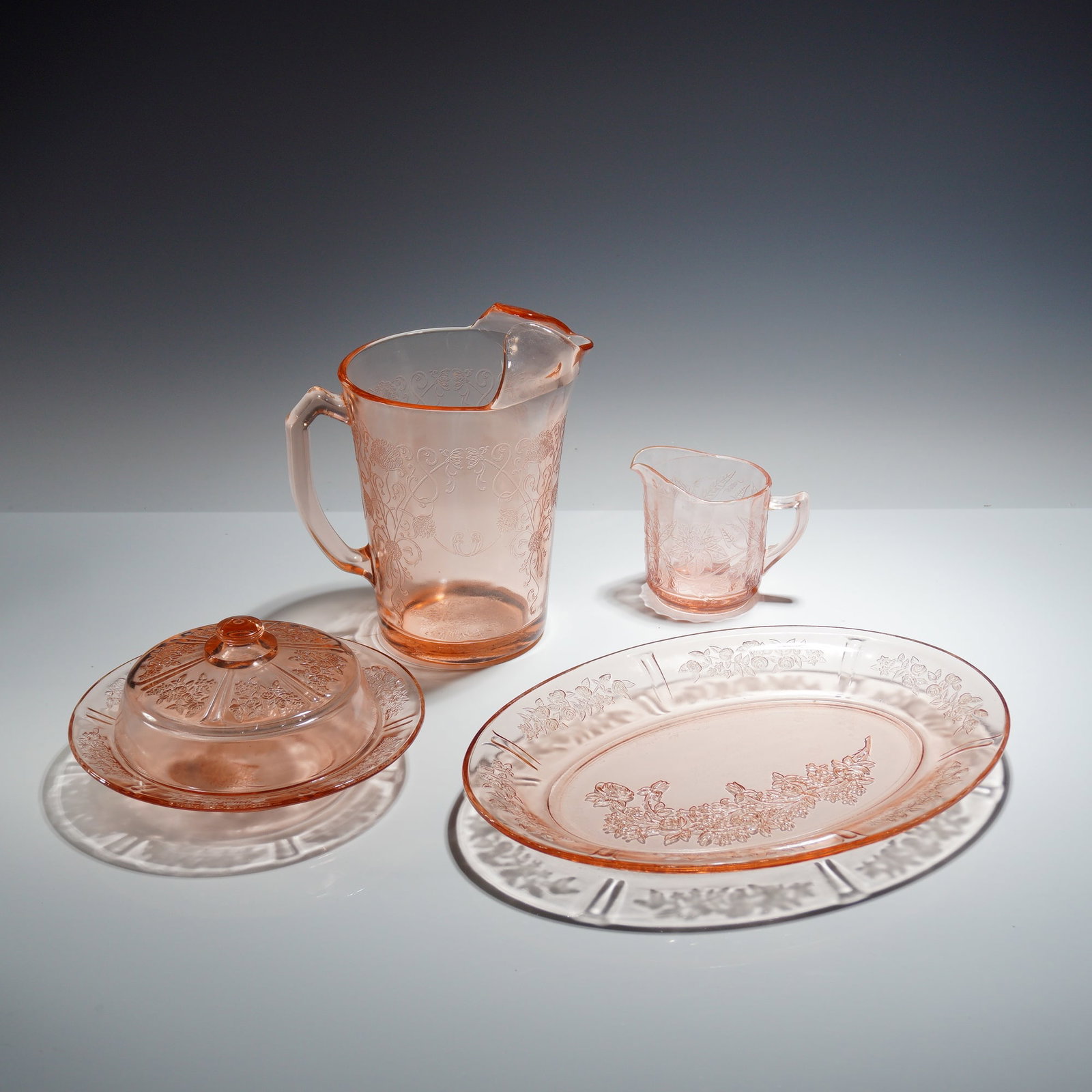 4pc Pink Floral Depression Glass Kitchenware Set (1 of 3)