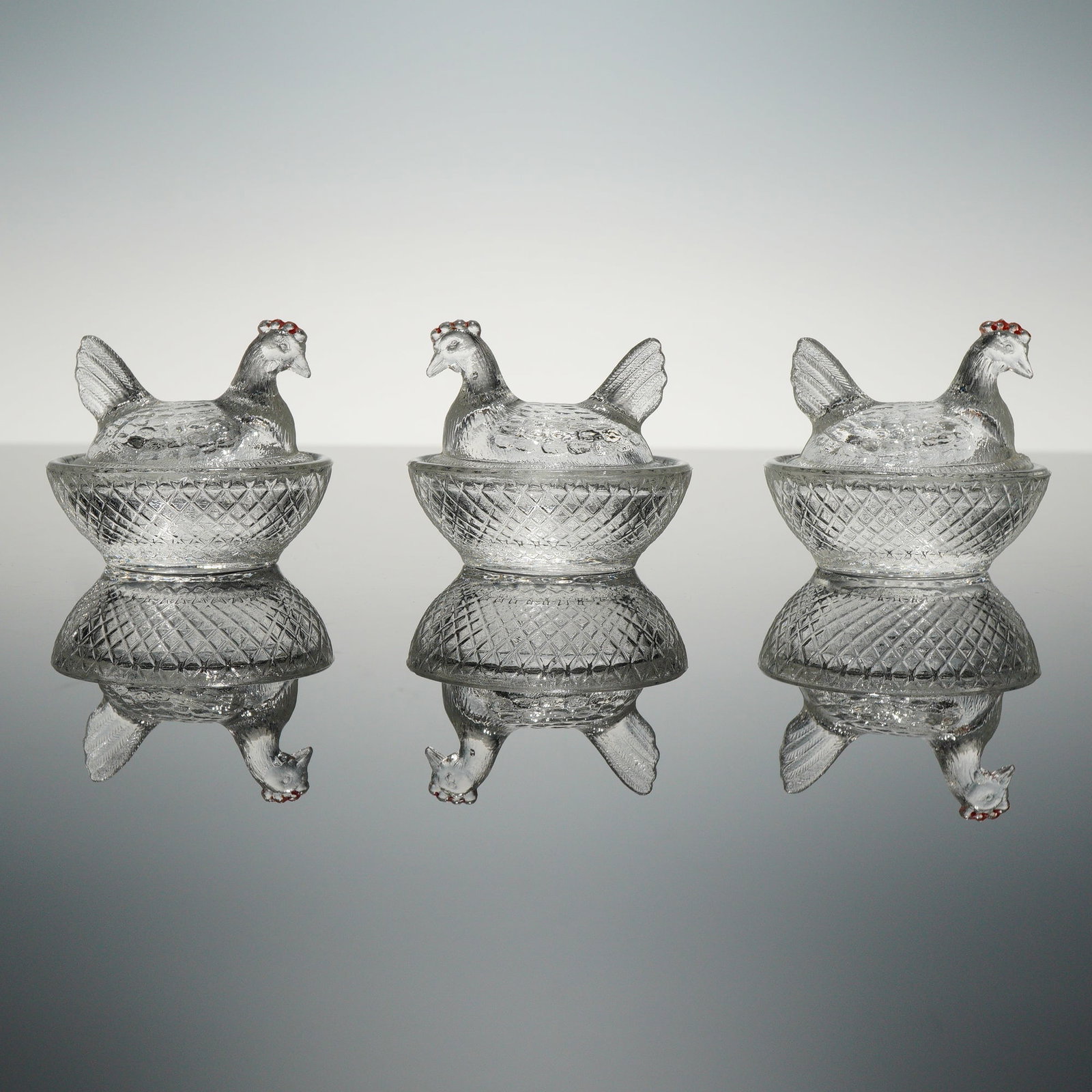 Three Clear Pressed Glass Hen on Nest Covered Salt Cellars (1 of 3)