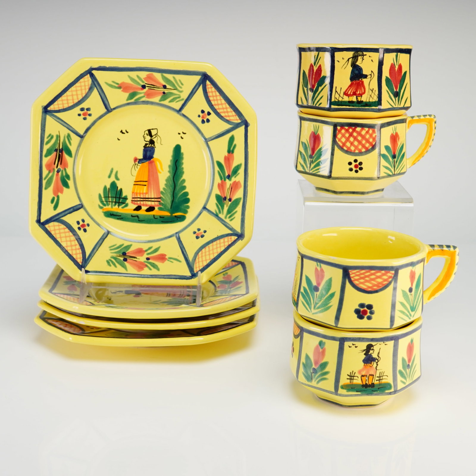 Set of Eight HB Henriot Quimper Soleil Yellow Breton Woman Octagonal Cups and Saucers (1 of 3)