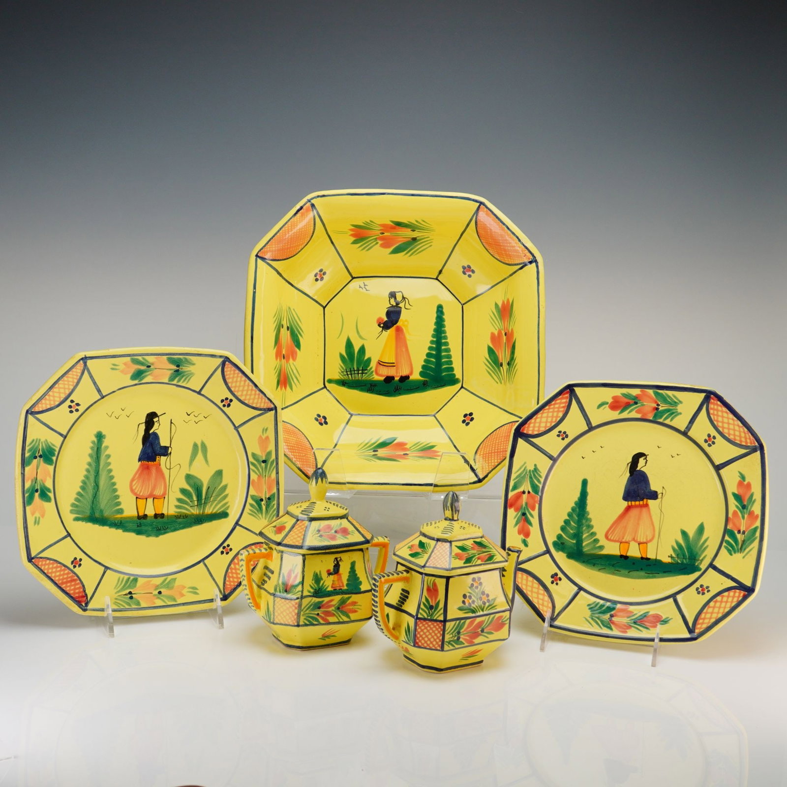 Set of Five HB Quimper Pottery Soleil Yellow Faience Tableware (1 of 3)