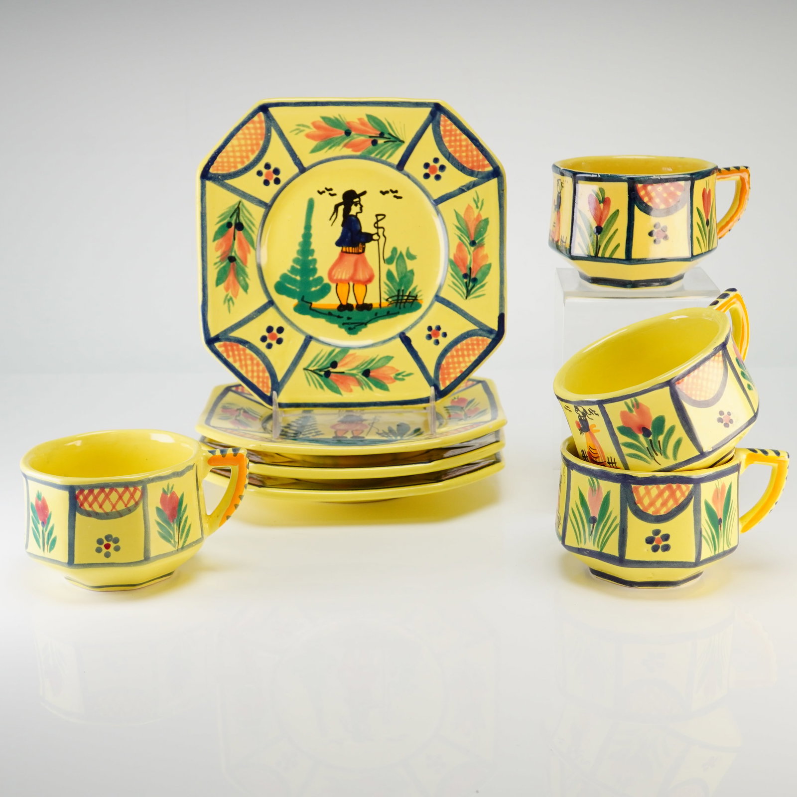Eight Piece HB Quimper Soleil Yellow Octagonal Cups and Saucers (1 of 4)