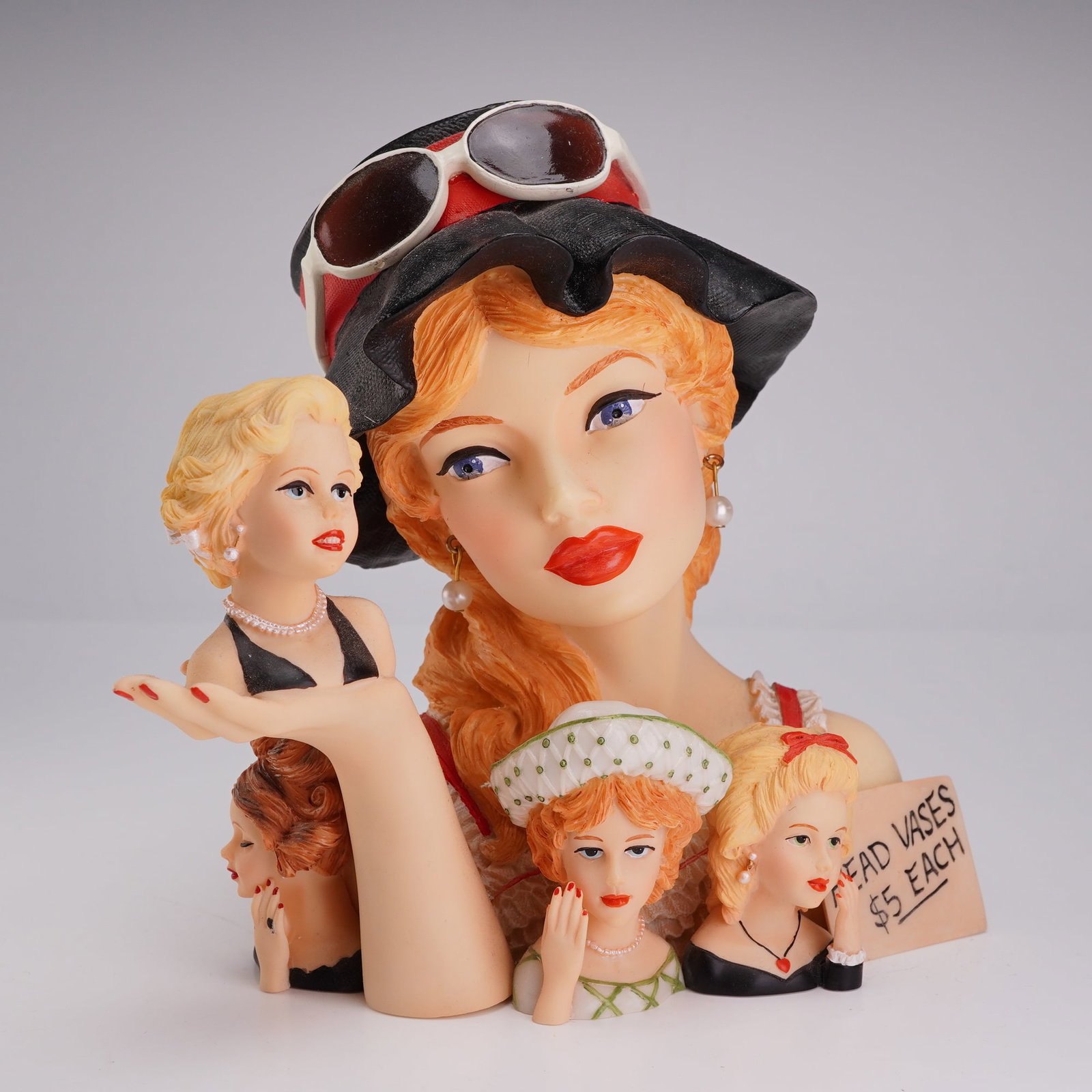 Cameo Girls Deluxe Blythe 1966 Yard Sale Surprise Head Vase Figure: This is a limited edition contemporary decorative figural vase from the Cameo Girls Deluxe Lady Vases collection, manufactured by United Design Corporation. Titled Blythe 1966 Yard Sale Surprise, the 