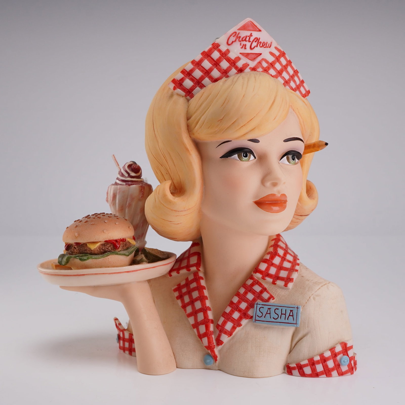 Cameo Girls Sasha 1960 Car Hop Honey Deluxe Lady Vase Limited Edition: A United Design Corporation Cameo Girls Deluxe Lady Vase, model LV-059, titled Sasha 1960 Car Hop Honey. This resin figure depicts a blonde car hop waitress in a mid-century style uniform. The figure 