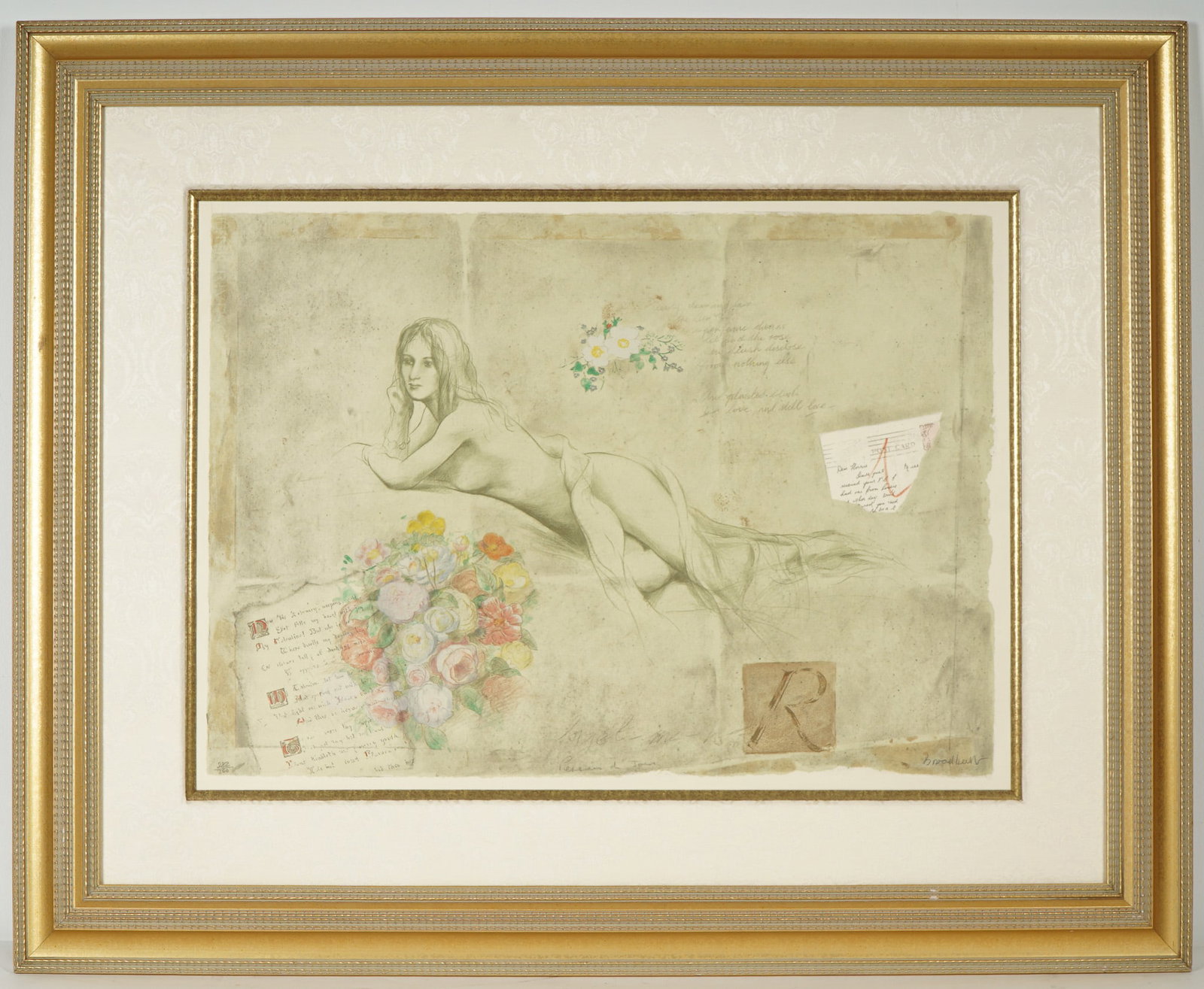 Martin Broadbent, Color Lithograph, Thoughts of the Day, Signed: This evocative lithograph titled Thoughts of the Day (Pensees du Jour) by English artist Martin Broadbent captures a reclining nude rendered in soft pencil tones, framed by vibrant floral accents and 