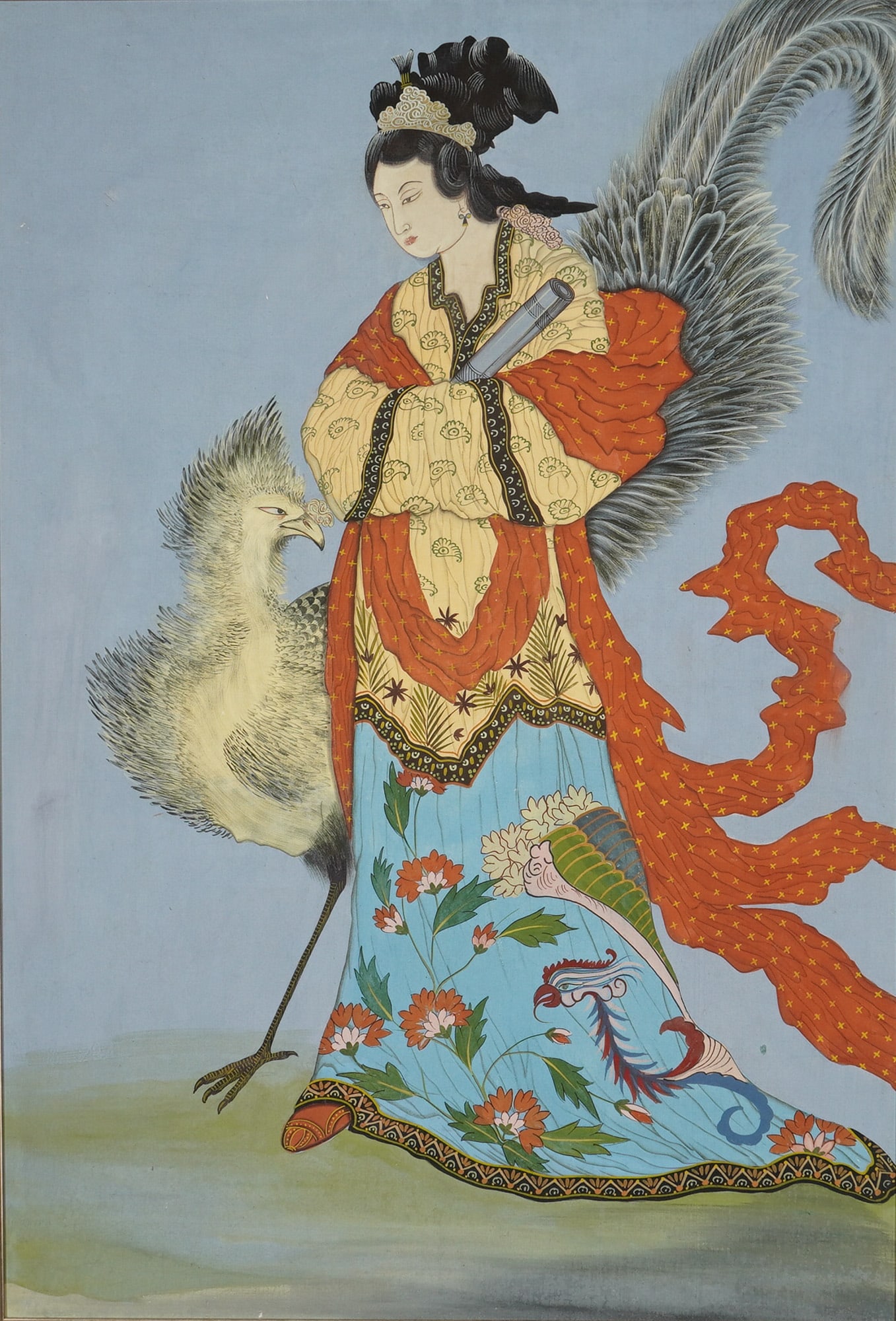 Painting on Cloth & Board, Asian Noblewoman Portrait w/ Majestic Bird: This painting on cloth applied to wood board depicts an Asian noblewoman standing beside a majestic bird. The female figure is rendered in ornate traditional attire, including layered robes in shades 
