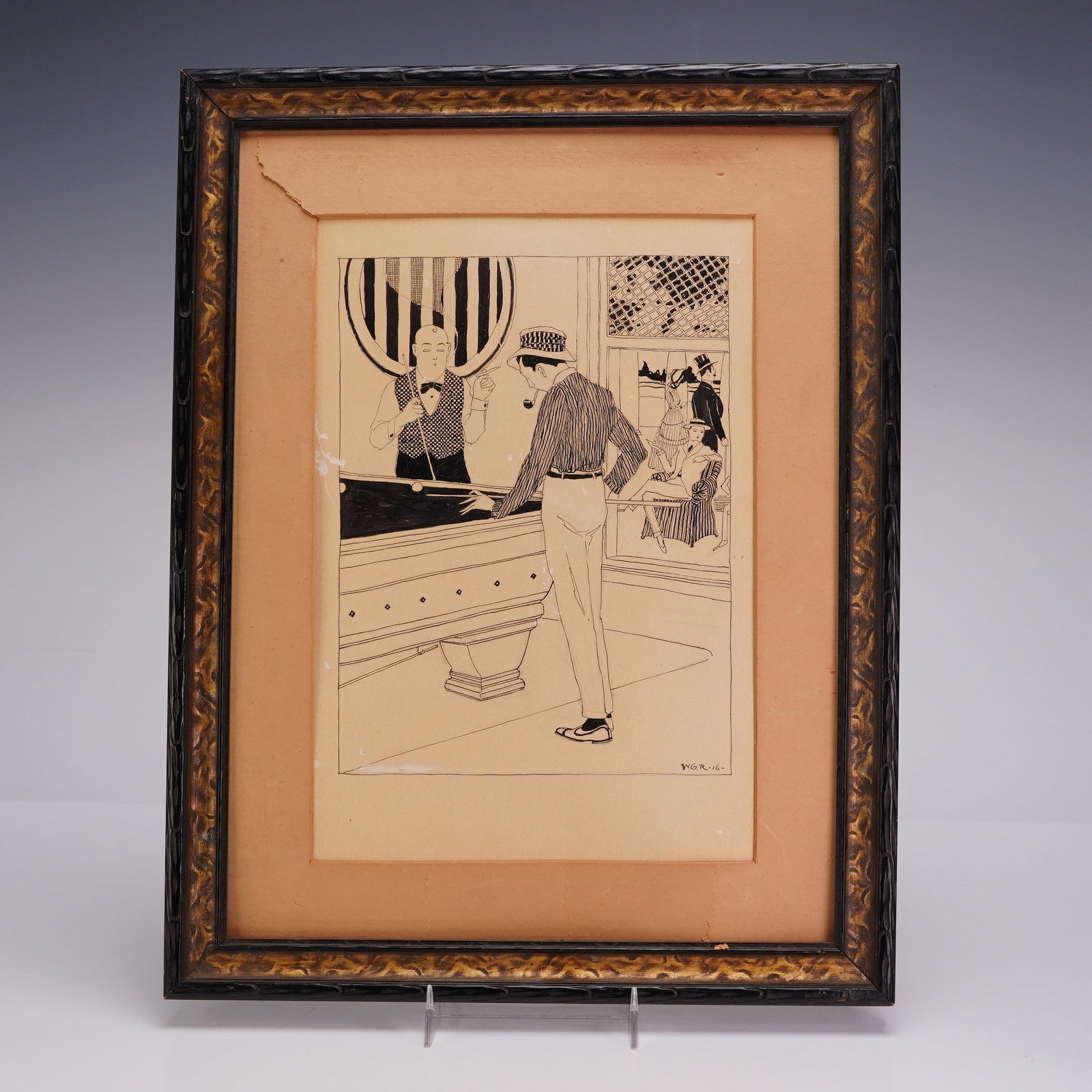 W.G.R., Billiard Scene, Original Ink Drawing, 1916: This original ink drawing on toned wove paper depicts a social interior scene centered on a billiard game. The composition features two primary figures in the foreground: one man wearing a checkered v