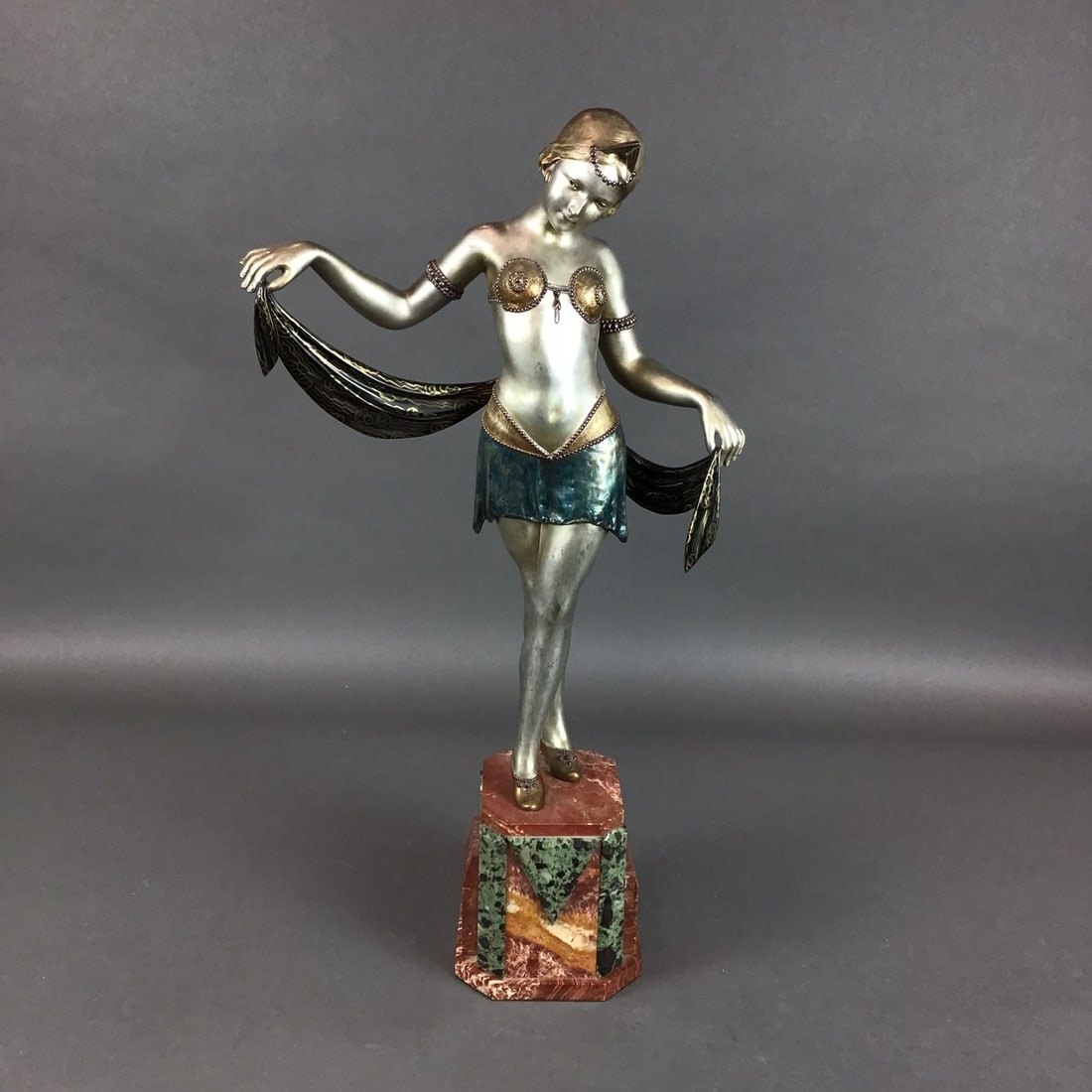 Claude Mirval (French, 1889-1973) French Art Deco Bronze Sculpture, Scarf Dancer: This French Art Deco bronze sculpture bears the incised signature of Claude Mirval (French, 1889-1973), on the side of the right slipper. The work depicts a female figure in a stylized dance pose, hol