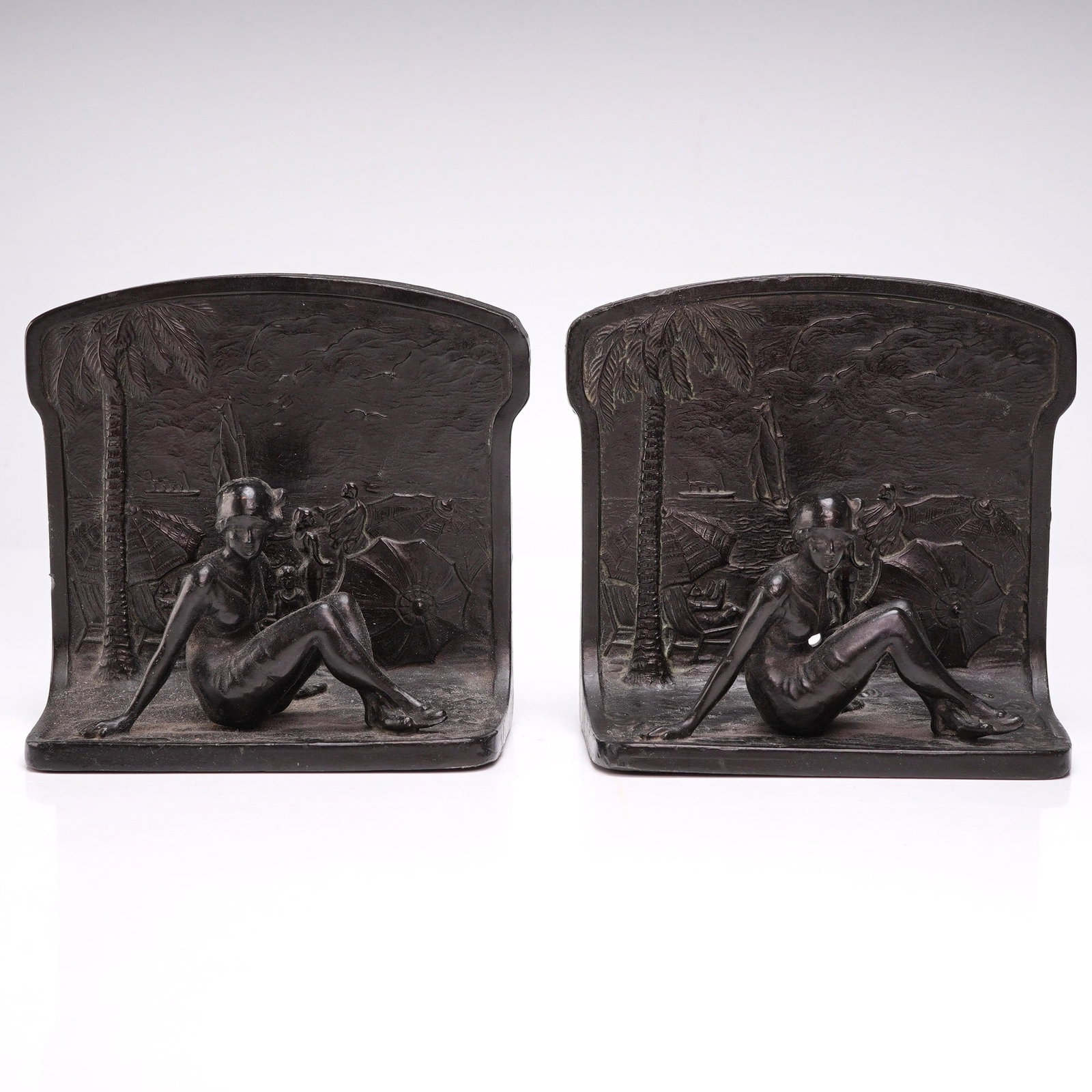 2pc Louis Vincent Aronson Art Deco Bronze Clad Bookends Beach Scene (1 of 4)