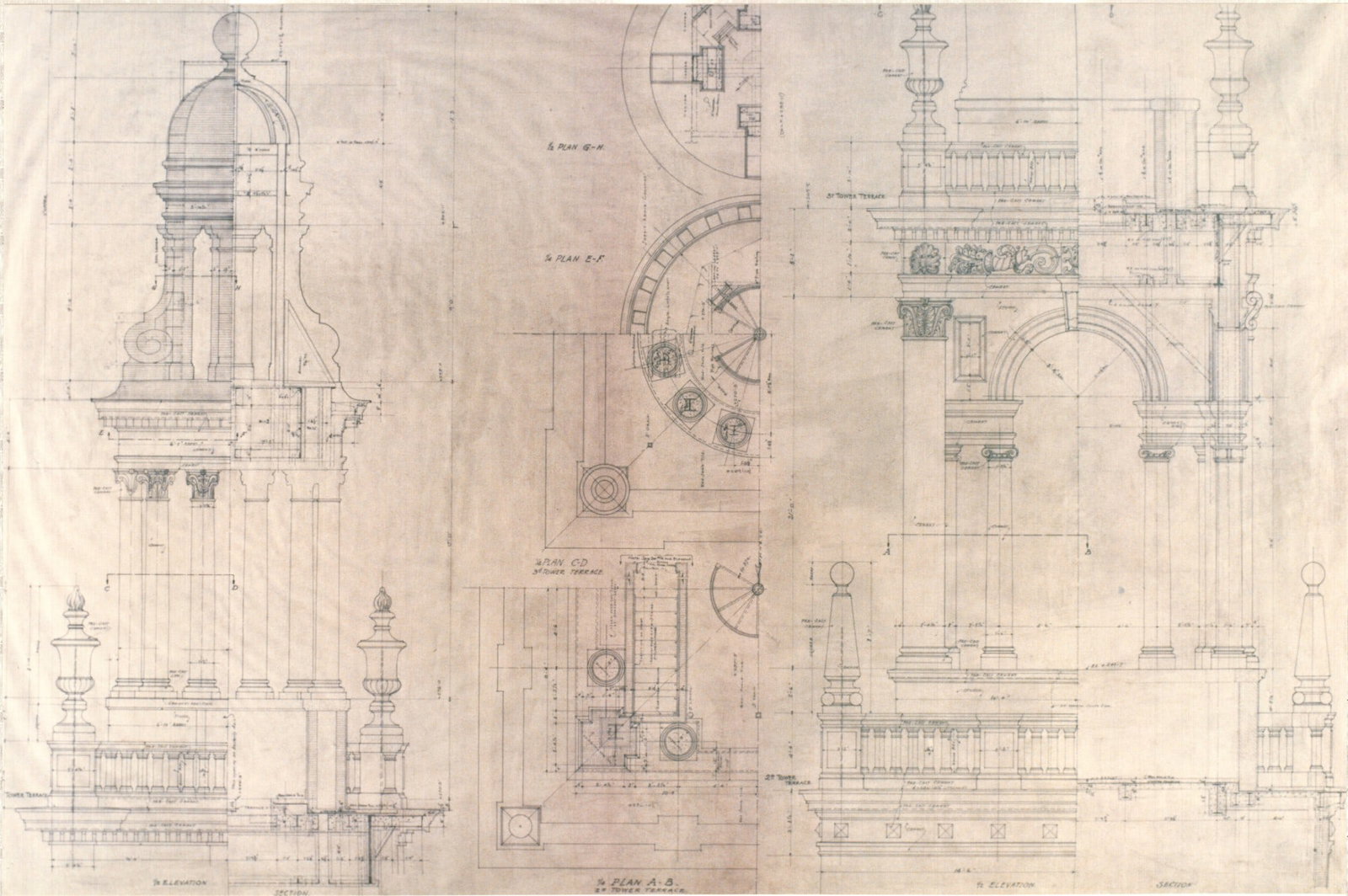 Architectural Design Print, Cross Sections & Elevation, Miami Tower 1925: This architectural print represents cross sections and elevations of the Miami Tower (today, The Freedom Tower), designed by architects Schultze & Weaver in 1925. Dimensions: 30"W x 20"H Date or Era: 