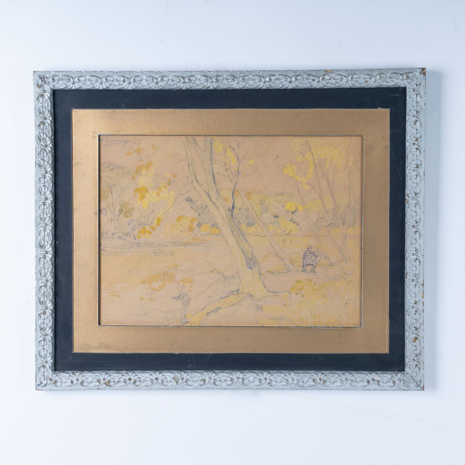 Philip Gronemeyer, Original Watercolor on Paper, Signed: A beautiful watercolor on brown paper, capturing a serene lakeside scene with fishermen at work. On reverse: property of Steven Schultz. Housed on a wooden coated frame. Sight size: 14.25''L x 1.5''H.