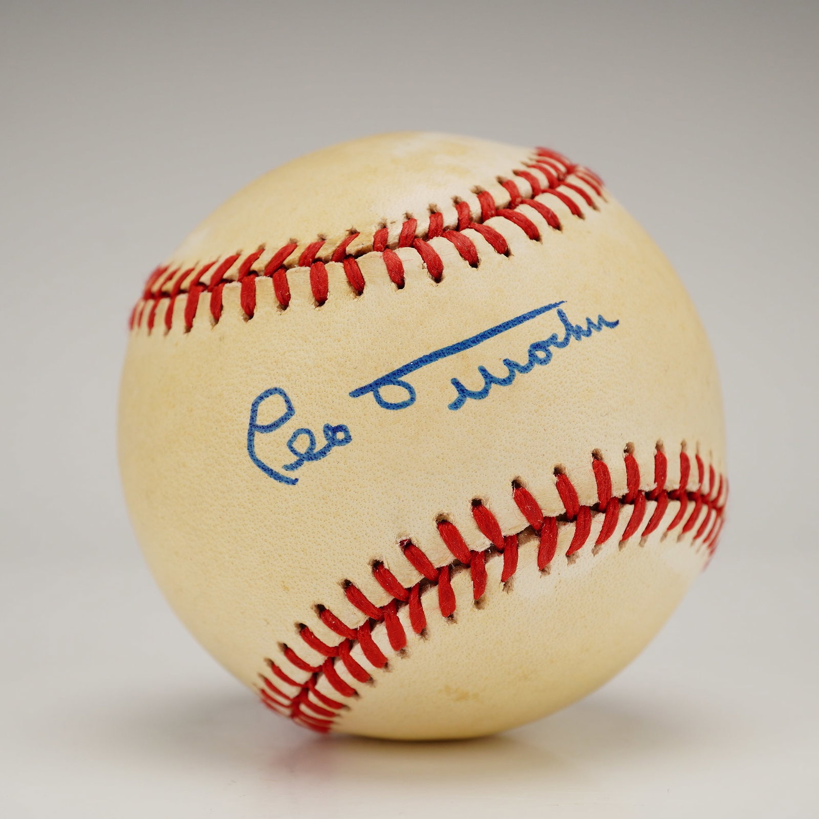 Rawlings Leo Durocher Signed National League Baseball circa 1970 1986: A Rawlings Official National League baseball hand-signed by Hall of Fame manager and player Leo Durocher. The autograph is executed in blue ink on a side panel. The ball is an official Charles S. Feen