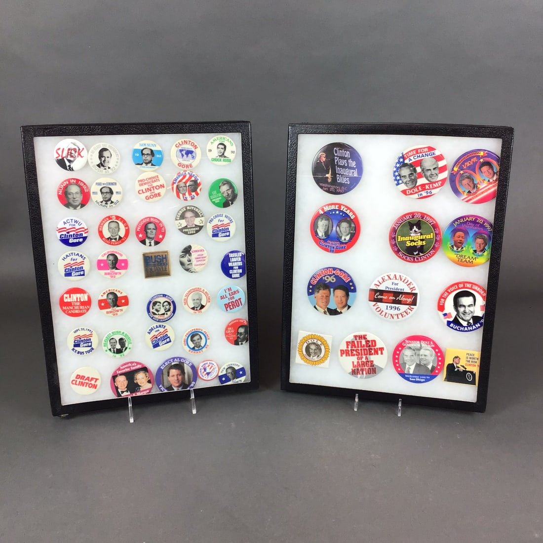 Collection of 1990s US Presidential Campaign Buttons and Pins in 2 Tray Display Cases (1 of 4)