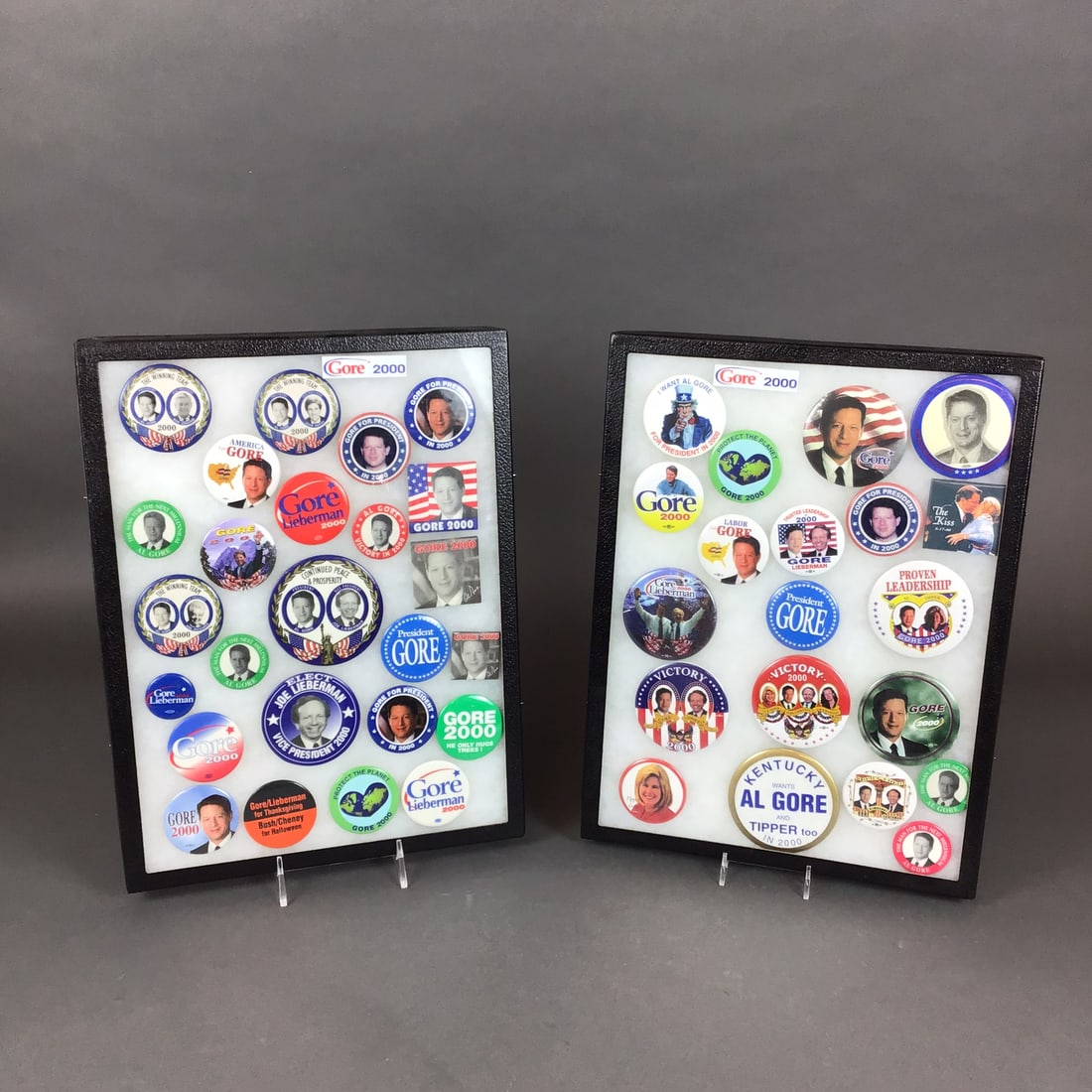 A Pair of Framed Al Gore and Joe Lieberman 2000 Presidential Campaign Tray Pins (1 of 4)