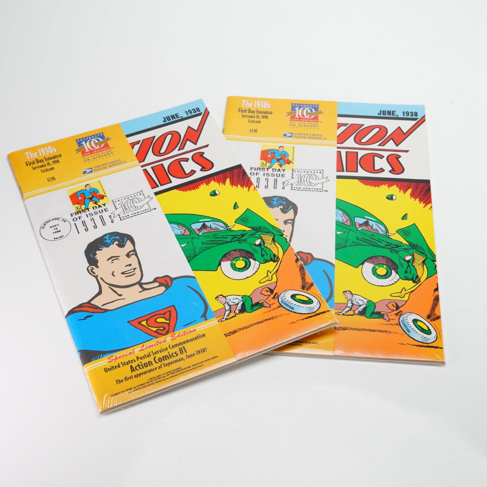 Pair of 1998 US 32c Superman Celebrate The Century FDC Stamps: This lot consists of a pair of United States Postal Service Special Limited Edition commemoratives. Each item features a 32-cent Celebrate The Century stamp depicting Superman, affixed to the outer pa