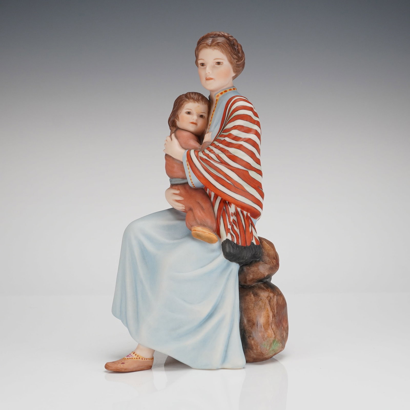 Goebel Patient Ones Figurine by Irene Spencer Limited Edition 51/400: A single limited edition porcelain figurine titled Patient Ones by Irene Spencer, produced by Goebel in 1979. The figural group depicts a seated woman, likely a mother, dressed in a flowing pale blue 