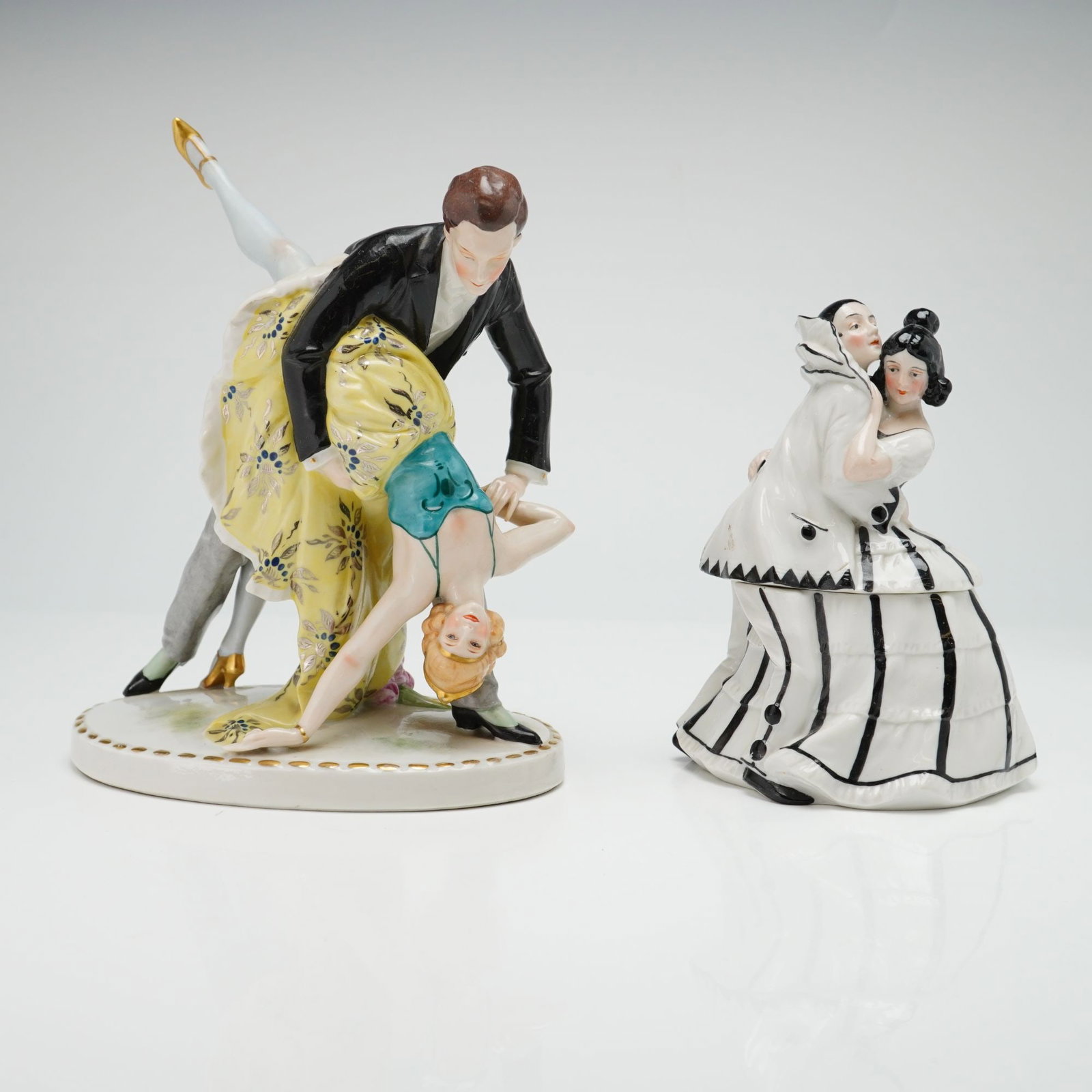 2pc Porcelain Figurines, Herlena Dancing Couple & Pierrot & Columbine Powder Jar (1 of 5)