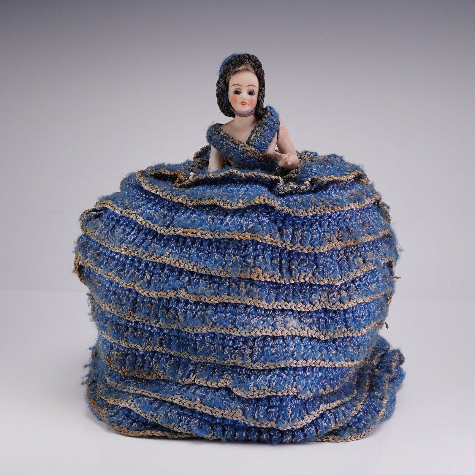 Early 20th Century Porcelain Teapot Cozy Doll w/ Movable Arms and Hand-Crocheted Dress (1 of 3)
