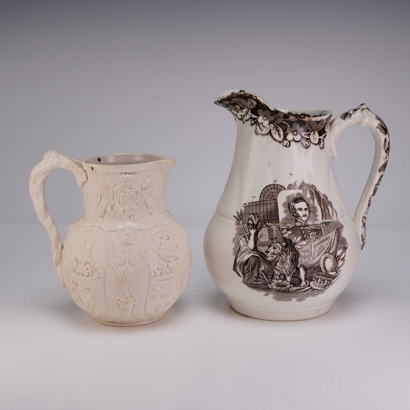 2pc Ornate English Ceramic Commemorative Pitchers (1 of 3)