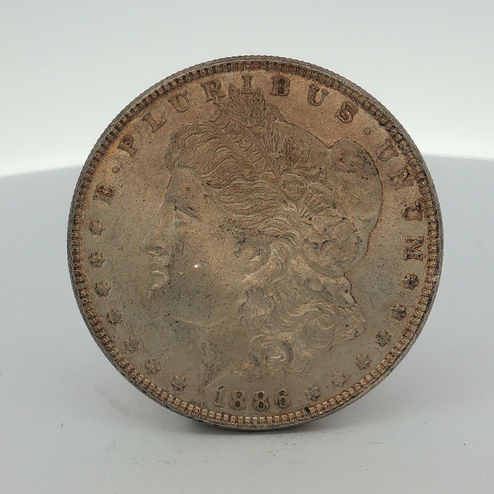 1886 US One Dollar Morgan Silver Dollar, Circulated: This US 1886 Morgan dollar is a struck silver coin produced at the Philadelphia Mint. It features the Liberty head obverse and the eagle reverse. The reverse displays an no mint mark below the wreath 