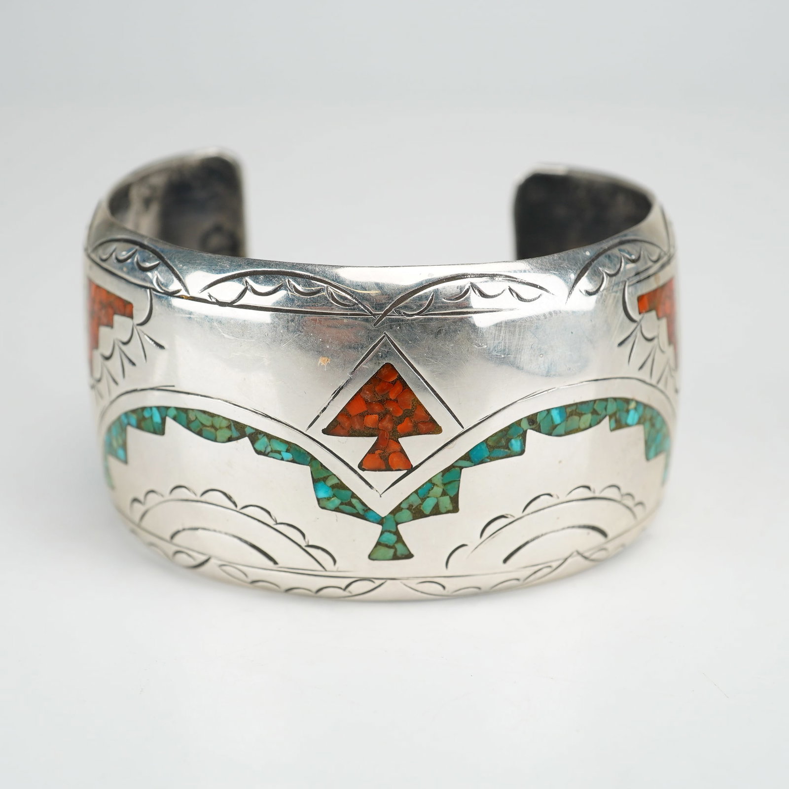 Navajo Sterling Silver Turquoise and Coral Chip Inlay Cuff Bracelet by J. Nezzie (1 of 3)