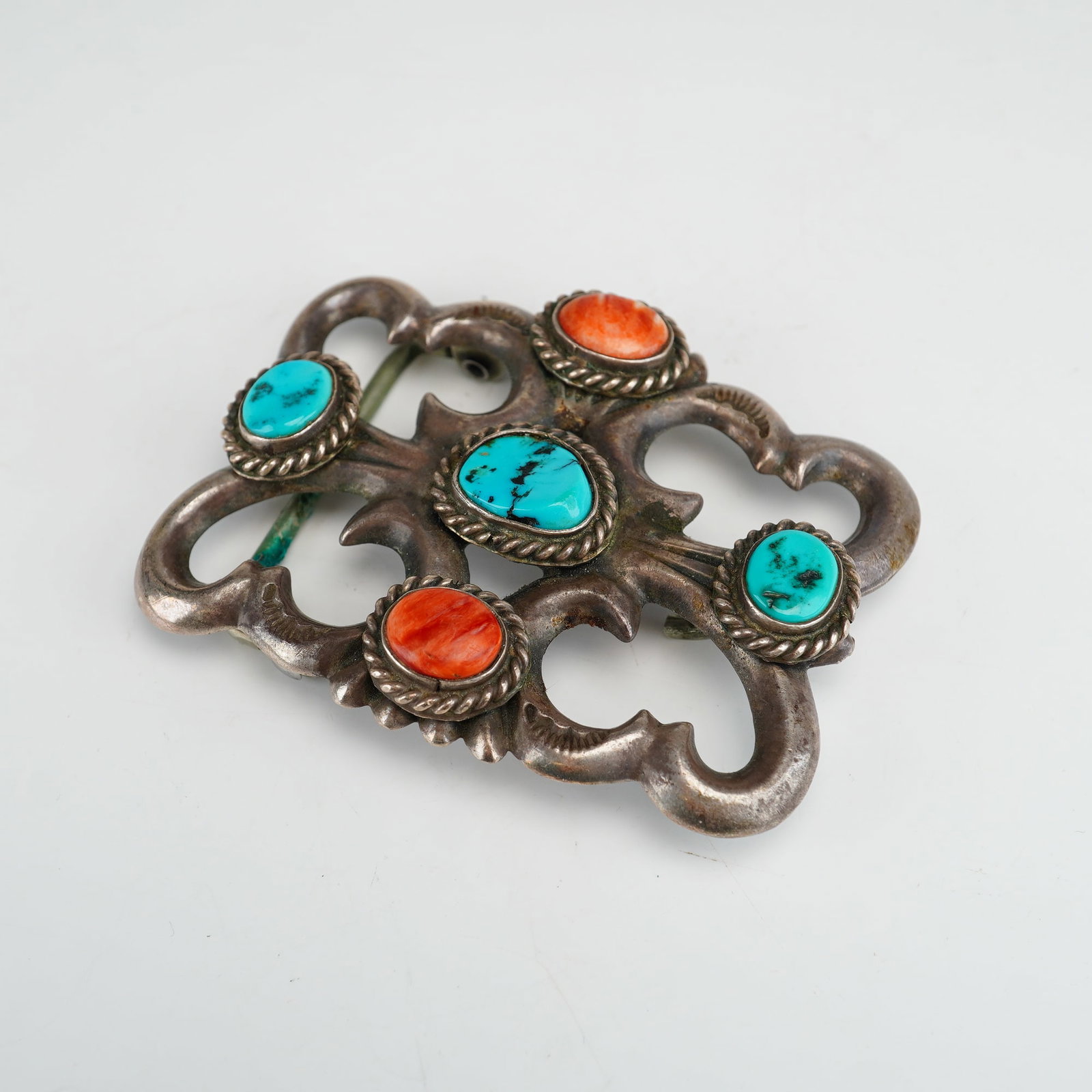 Navajo Sterling Silver Turquoise and Spiny Oyster Belt Buckle (1 of 3)