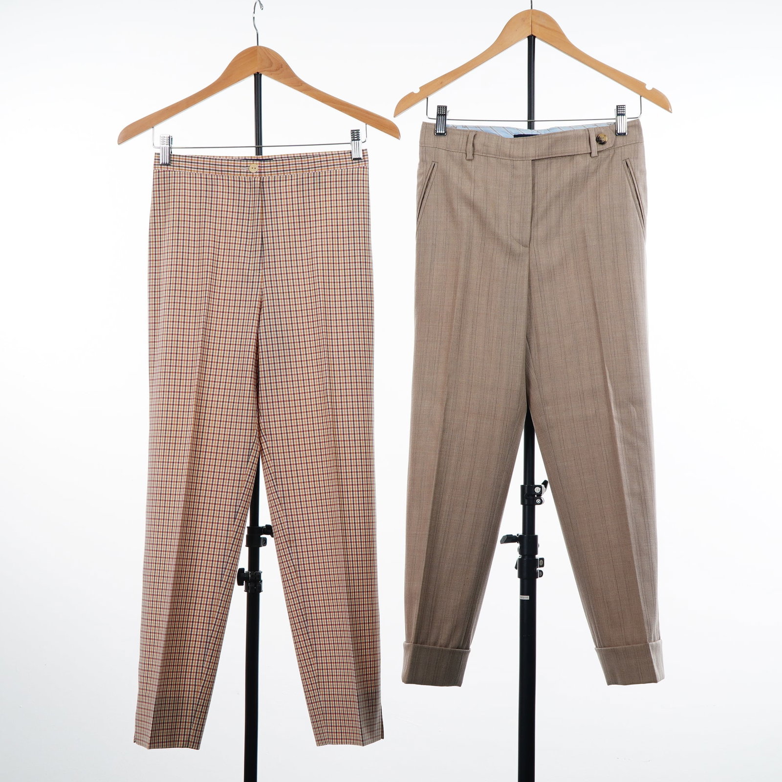 2pc Women's Designer Pants by Incotex and Piazza Sempione: This lot consists of two pairs of women's designer pants. The first pair is by Incotex Venezia 1951, size 46 (US 36), featuring a multi-color houndstooth check pattern in shades of tan, brown, cream, 