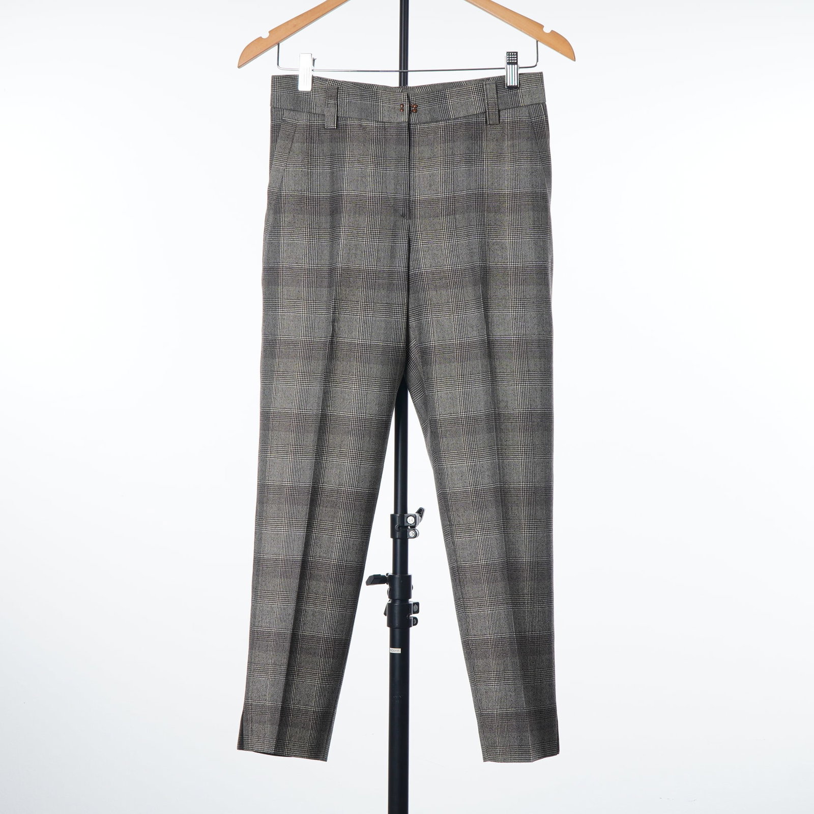 Italian Made Women's High Waisted Glen Check Plaid Pants: These women's pants are crafted in Italy from a mid-weight woven suiting fabric, likely wool or a wool blend. The material features a classic grey Glen check pattern, also known as Prince of Wales che