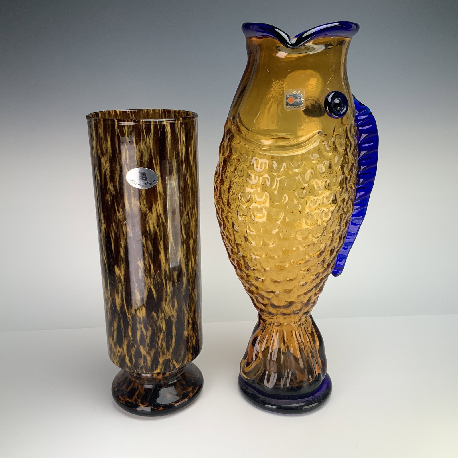 2pc Blenko Glass Amber Handmade Fish Vase & Maestri Vetrai Italian Art Glass Vase (1 of 4)