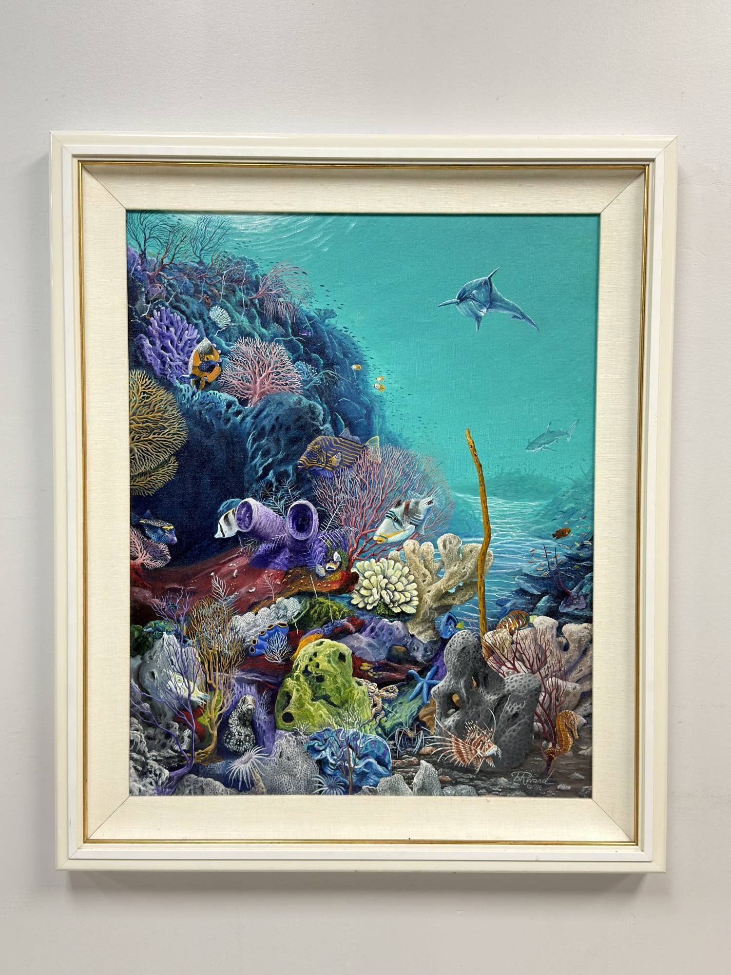 Blu Rivard (American b. 1951), Undersea, Oil on Canvas, 1998: This oil on canvas painting, titled Undersea, is by the artist Blu Rivard. The composition features a detailed marine environment depicting a vibrant coral reef teeming with aquatic life. The scene