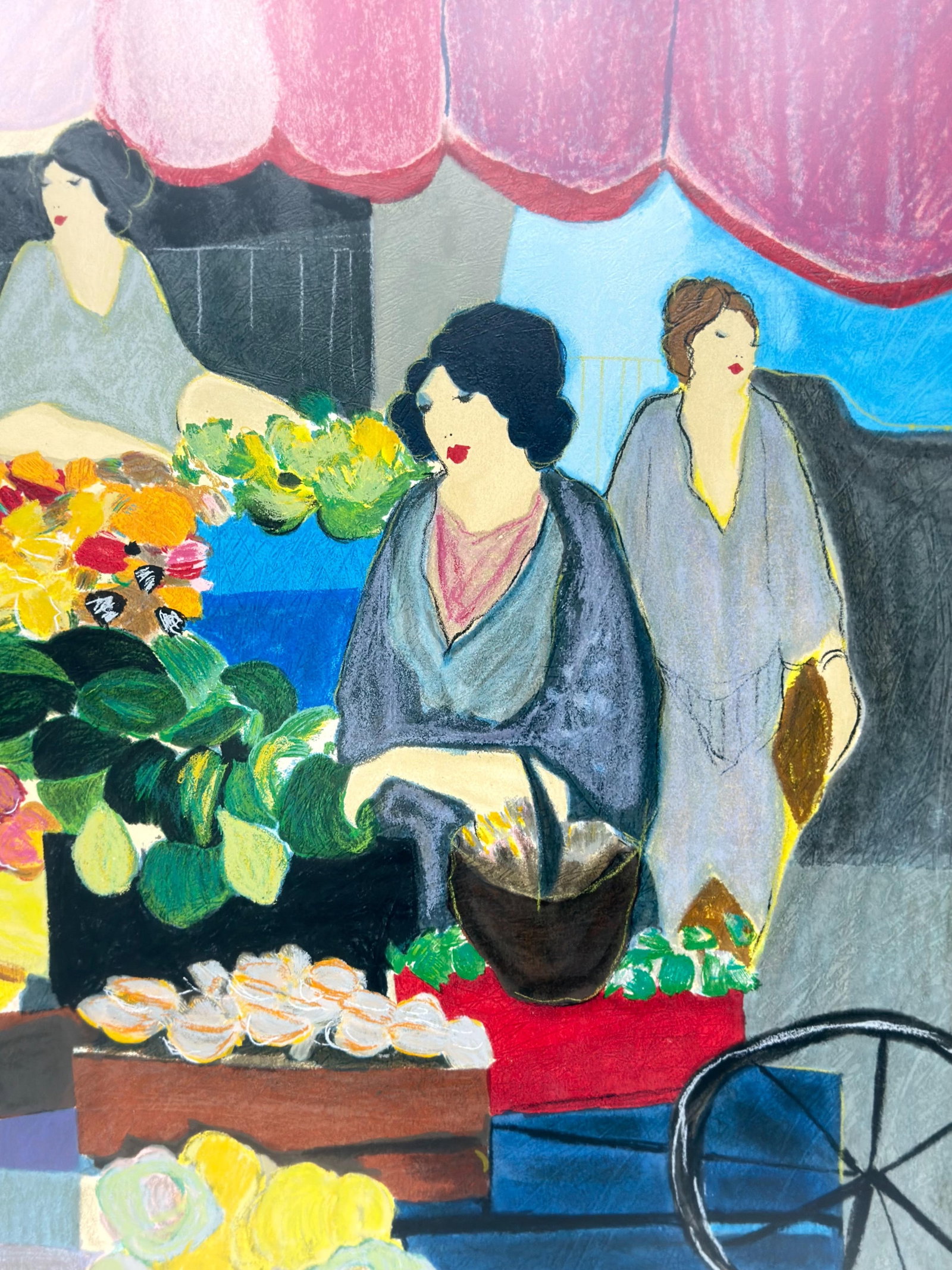 Itzchak Tarkay (Israeli, 1935-2012), Flower Market, Signed Serigraph: This work is a limited edition serigraph on wove paper by the Israeli artist Itzchak Tarkay (1935-2012) entitled Flower Market. The figurative composition depicts a vibrant market scene featuring