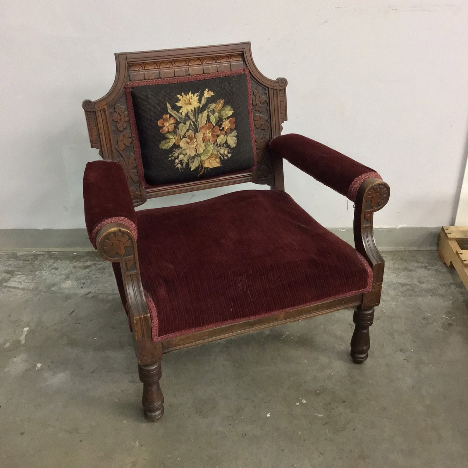 Victorian Eastlake Carved Walnut Floral Velvet Parlor Armchair (1 of 4)