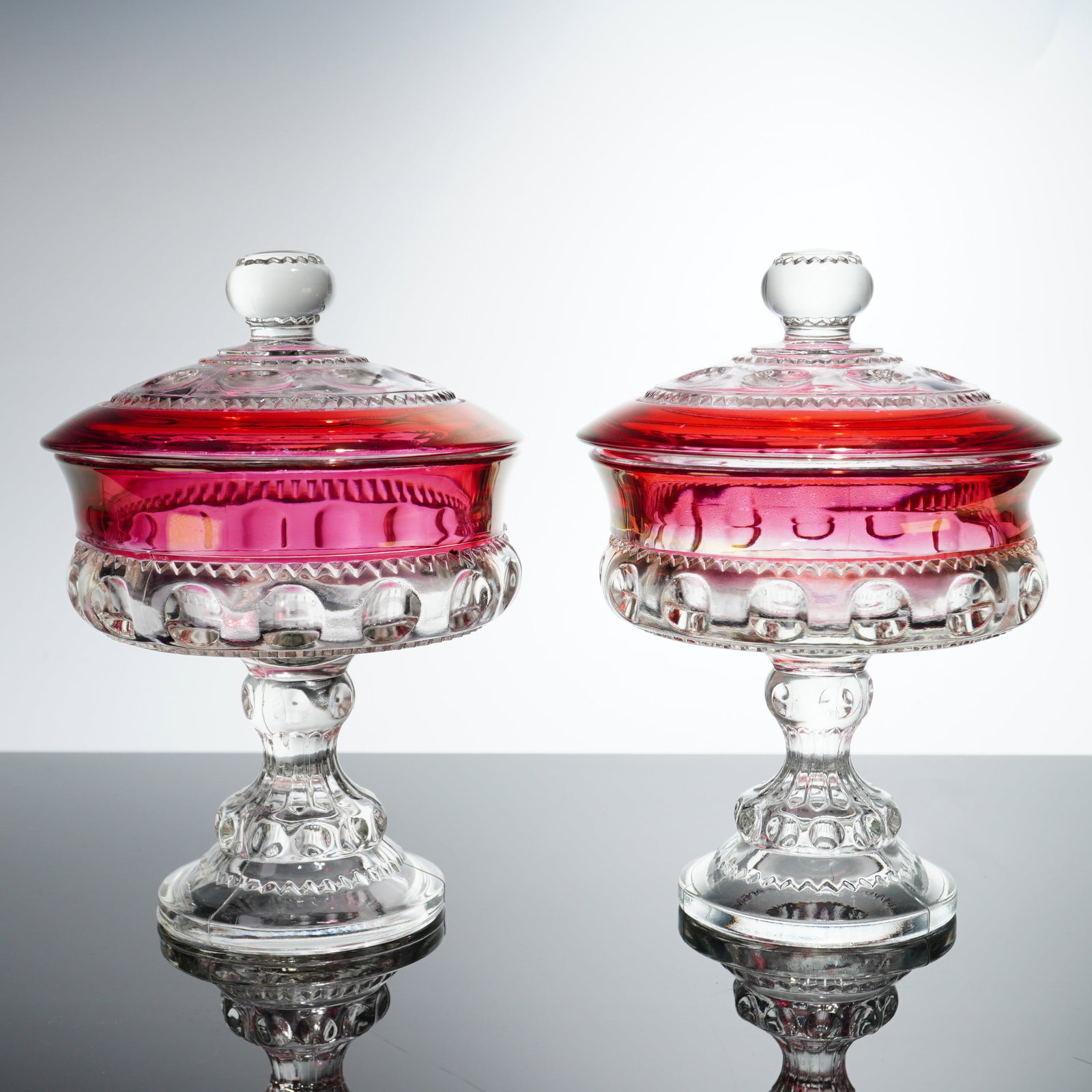 Pair of Indiana Glass Ruby-Stained Covered Candy Dishes, King's Crown Pattern (1 of 3)