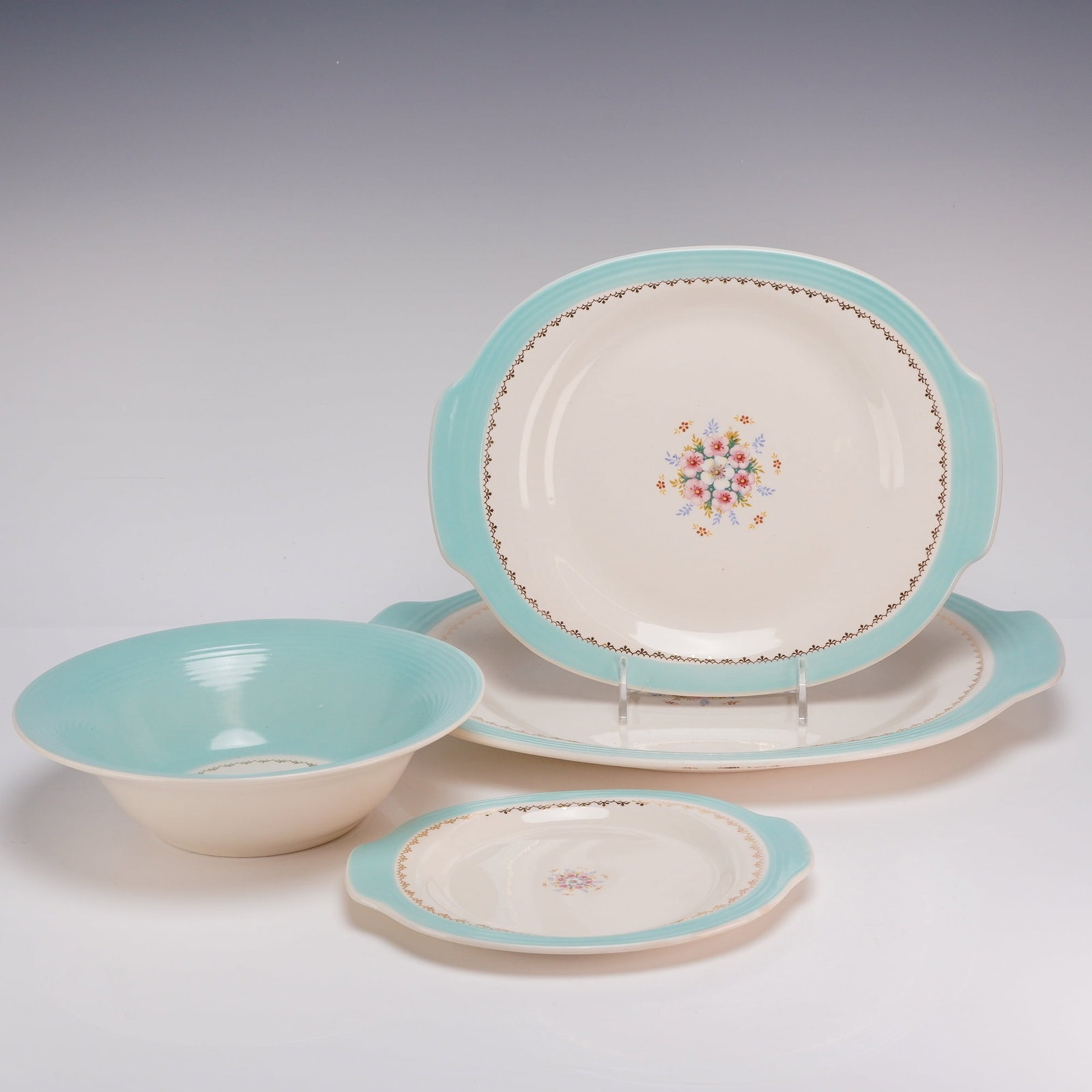 4pc American Limoges Mist Cotillion Blue Pattern Ceramic Service Pieces: This set of four ceramic service pieces is produced by the Limoges China Company of Sebring, Ohio. The items belong to the Triumph line and utilize the Empress shape. The set consists of an oval
