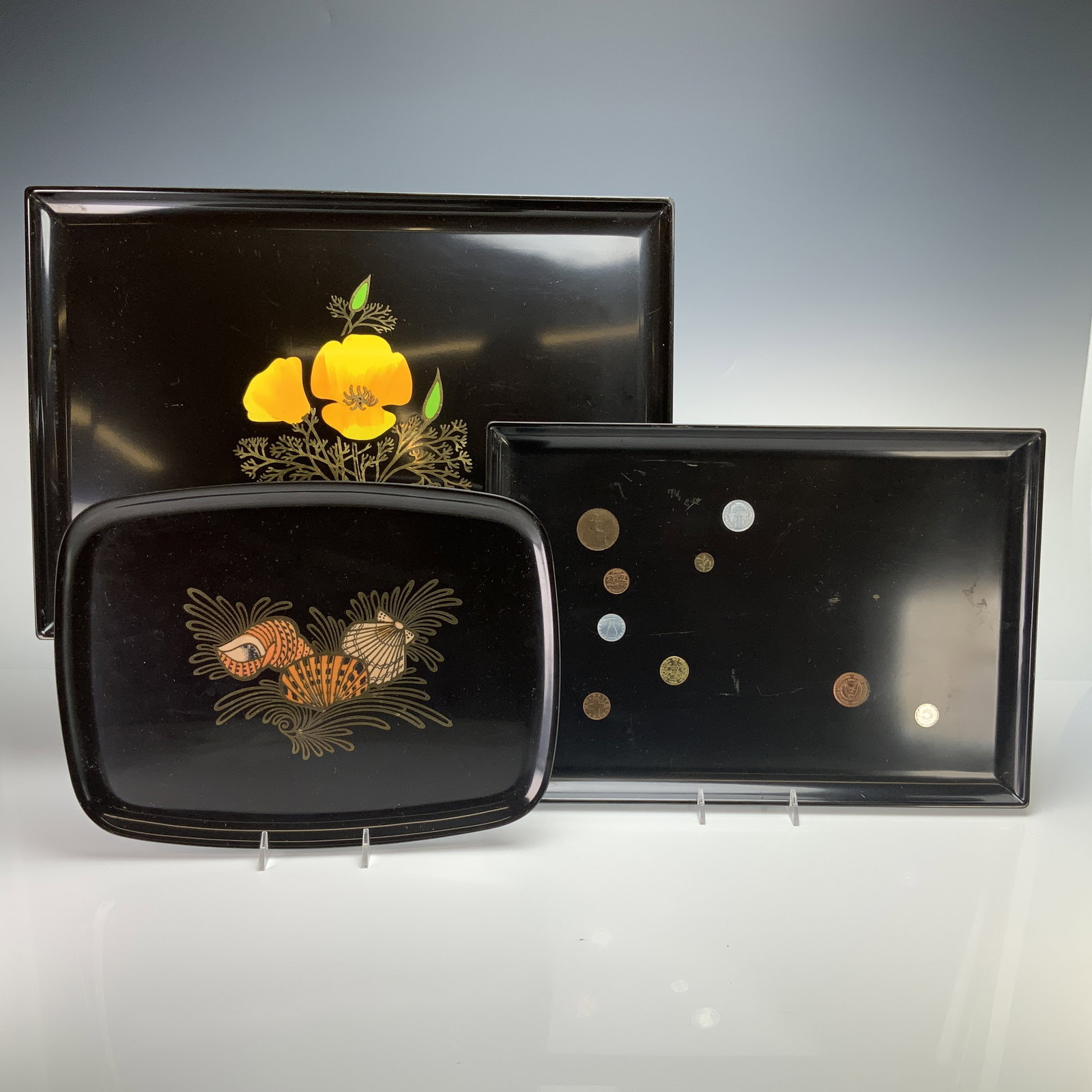 Three Couroc of Monterey Black Lacquer Style Serving Trays with Inlaid Shells, Coins, and Floral (1 of 4)