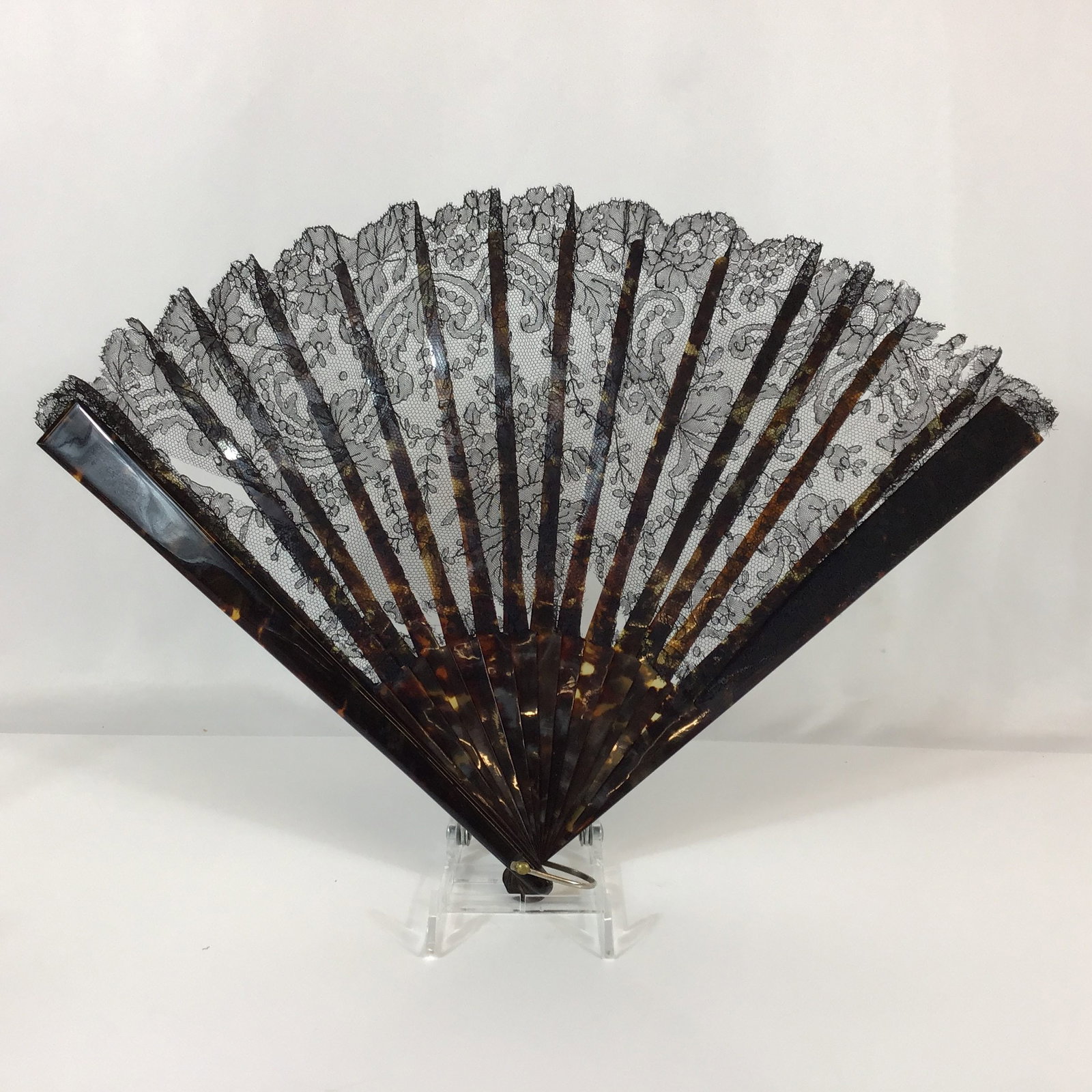 Large Antique Victorian Black Lace and Celluloid Folding Hand Fan (1 of 3)