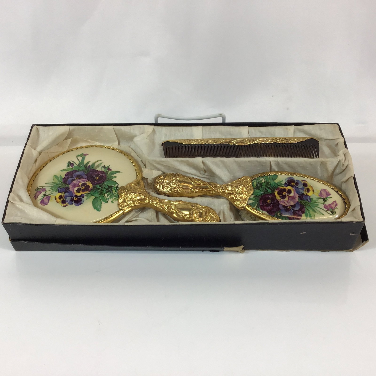 3pc Gold-Toned Metal Antique Dresser Set with Pansy Motif (1 of 3)