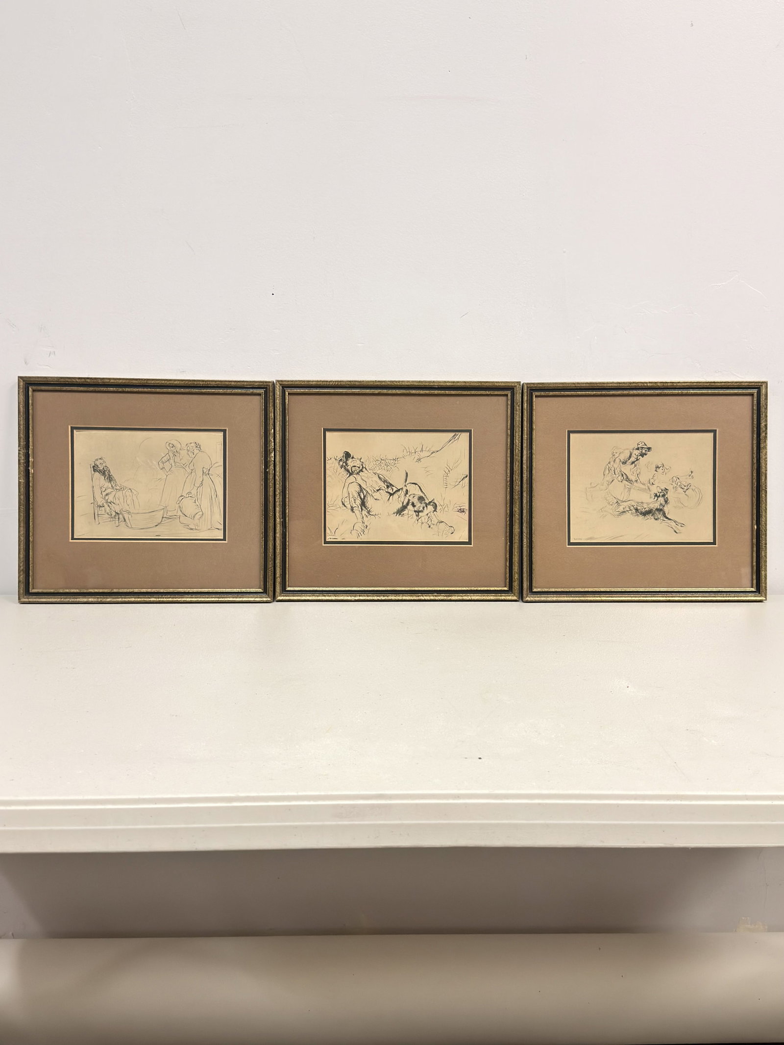 3pc Edmund Blampied (British, 1886-1966) Etchings on Paper: This set of three etchings on paper by Edmund Blampied (1886-1966) features humorous genre scenes characterized by expressive, sketchy linework. The collection includes the titles The Sick Man, Purrin