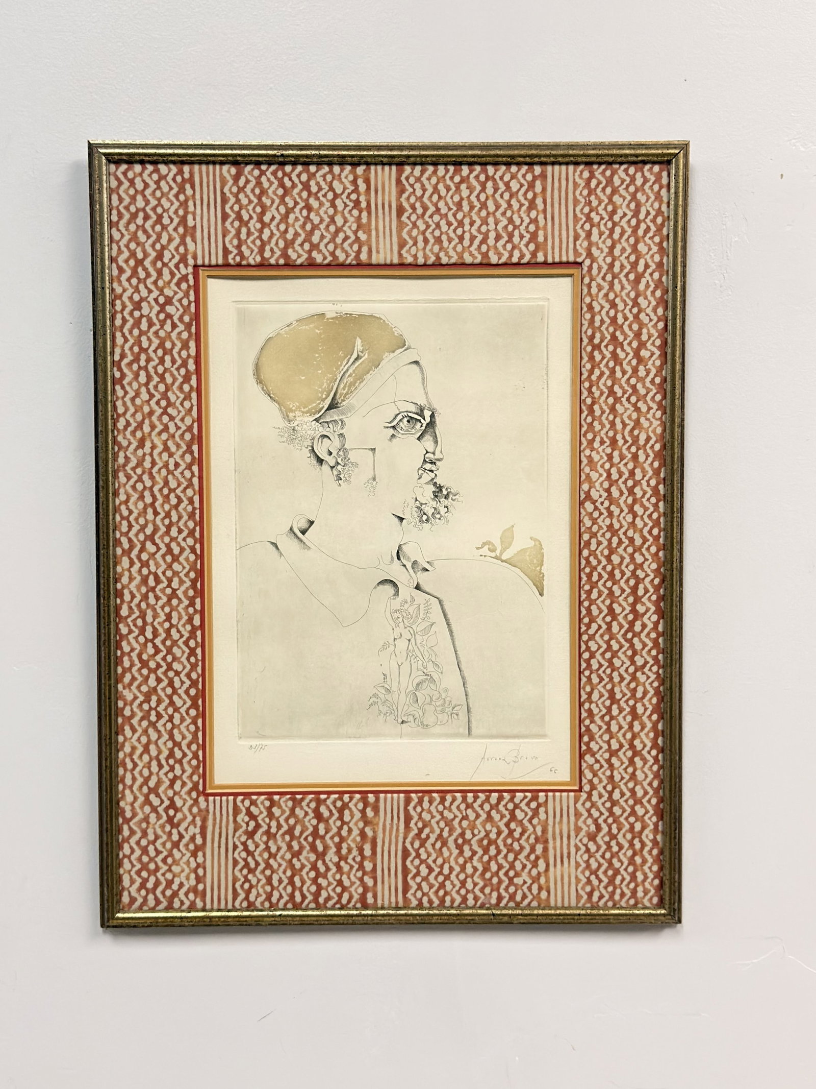 Eduard Arranz Bravo (Barcelona, 1941-2023) Etching on Paper: Depicts a surrealist profile portrait of a bearded man wearing a soft ochre-colored hat. Within the subject's torso is an integrated scene featuring a nude female figure surrounded by stylized foliage