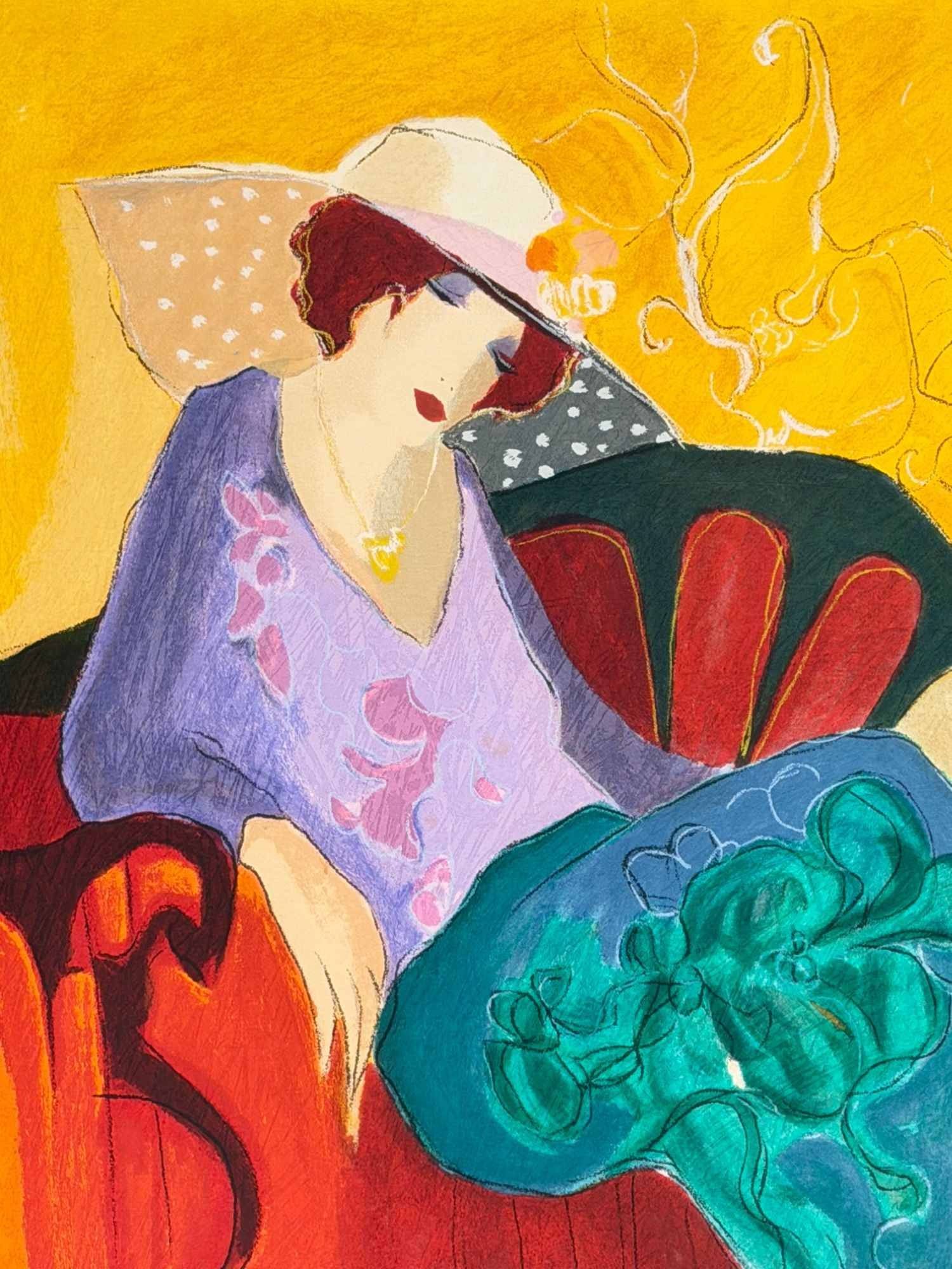 Itzchak Tarkay (Israeli, 1935-2012) Serigraph, Seated Lady in Purple: The color serigraph on wove paper depicts a seated woman in a stylish broad-brimmed hat and floral-patterned purple blouse, composed in a modern, decorative style with vibrant blocks of flat color and