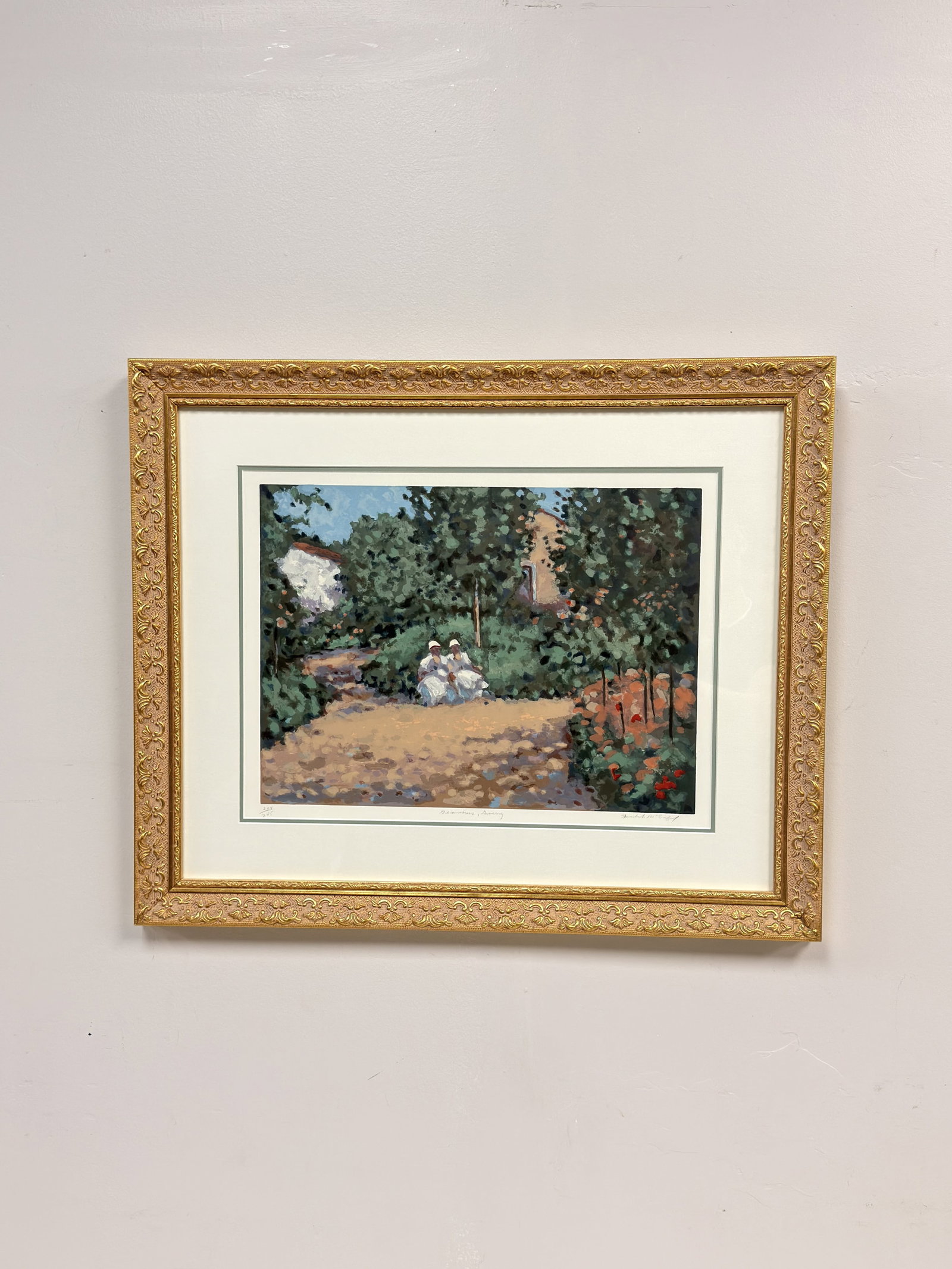 Frederick McDuff (American, 1931-2011) Serigraph on Paper, Geraniums Giverny: This serigraph on paper by American artist Frederick McDuff (1931-2011) is titled Geranium, Giverny. The artwork depicts an Impressionistic garden scene with two figures in white attire seated amidst 