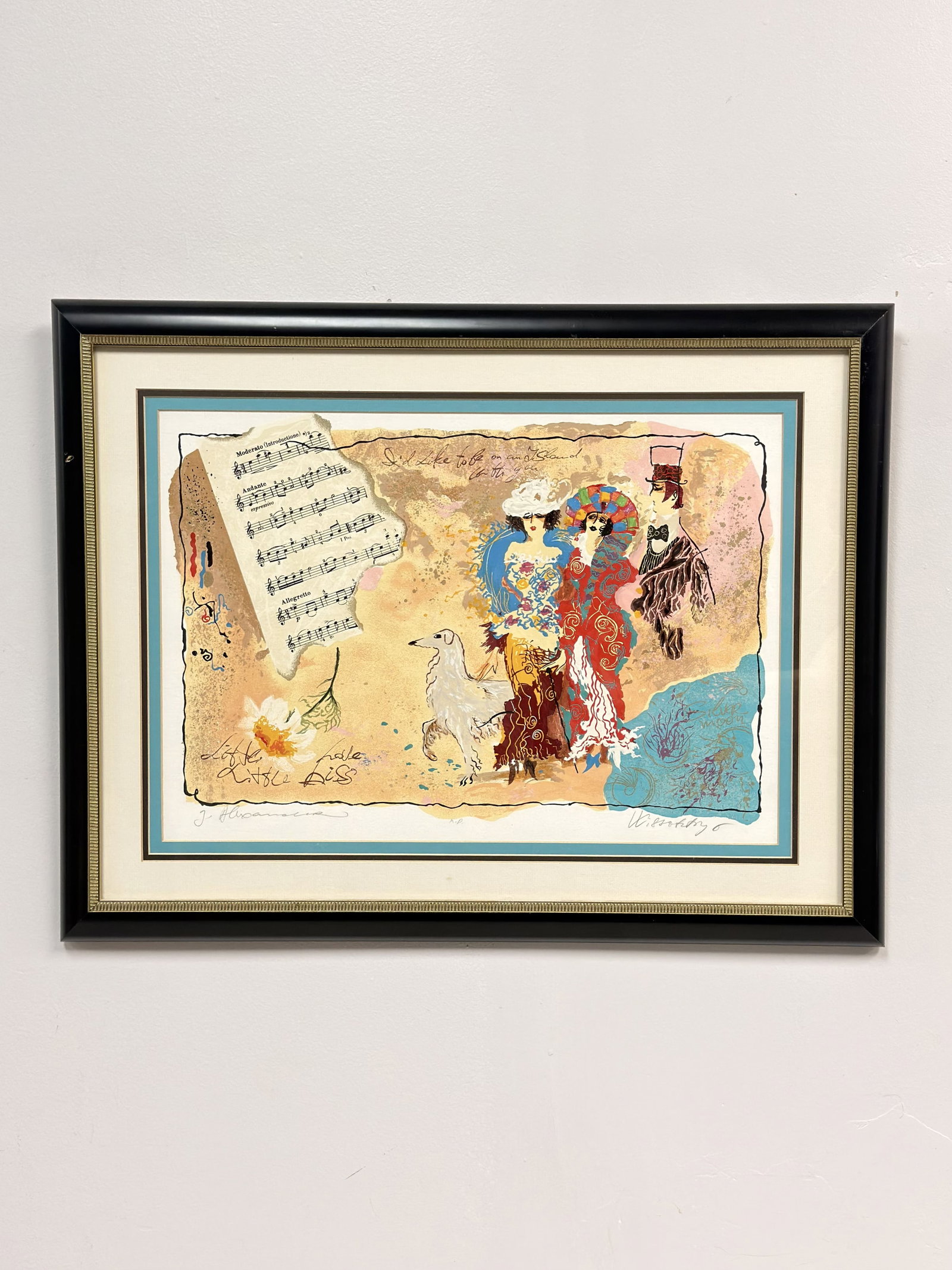 Tanya Wissotzky (Crimean, 1959-2006) and Alexander Galtchansky (Crimean, 1959-2008) Serigraph on: The mixed-media style composition depicts three figures in stylized early 20th-century fashion, including two women in patterned gowns and a man in a top hat, accompanied by a white borzoi dog. The ba