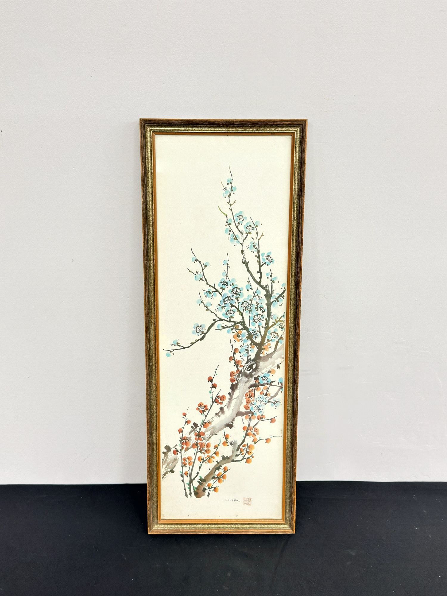 Ho Chu (Asian American) and Asian School, 'Cherry Blossoms' and 'Four Koi Fish', (Signed): Ho Chu (Asian American) and Asian School. A pair of watercolor on paper works. The first work by Asian American artist Ho Chu depicts cherry blossoms in blue and orange tones using watercolor and goua